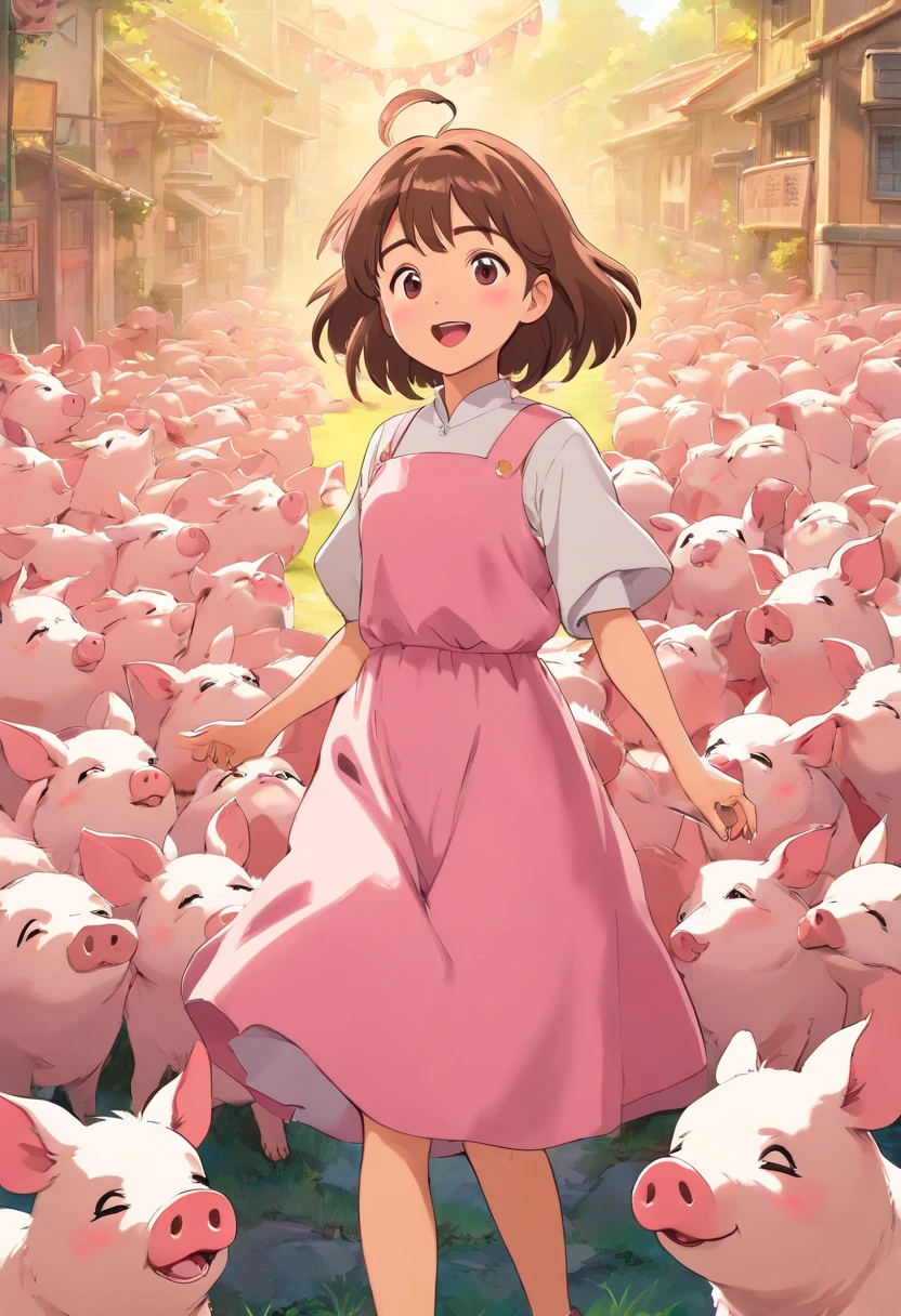 A girl is singing,There are a lot of piglets around(in pink)