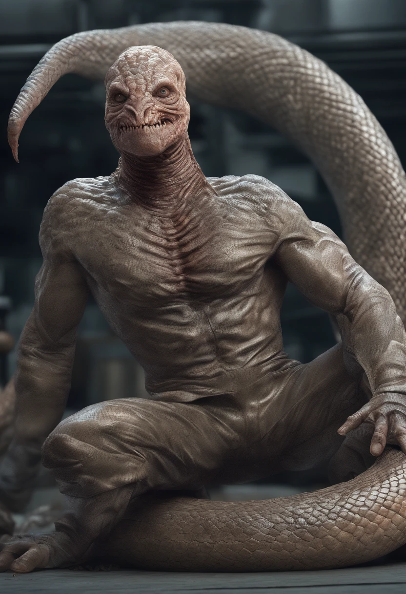 human snake mutant, slithering bottom half, mechanically twisted, photorealistic, professional photography, shot by Canon, f/ 32 ISO 6400, in the style of vray, octane render, ue5, greebles, high definition, hyper-detailed, 32K UHD, sharpened --c 50 --ar 3:4 --s 800 --v 5.1