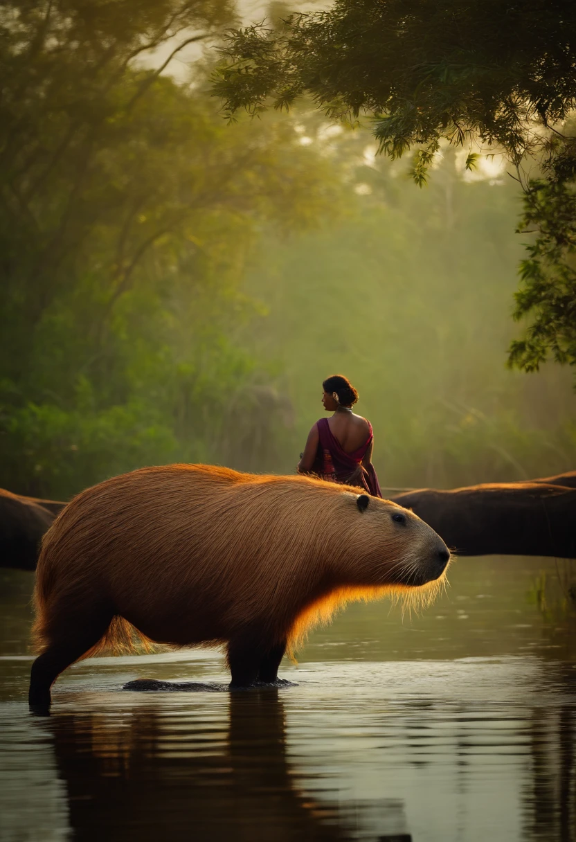 Create an image of an Indian next to a giant capybara in the Pantanal