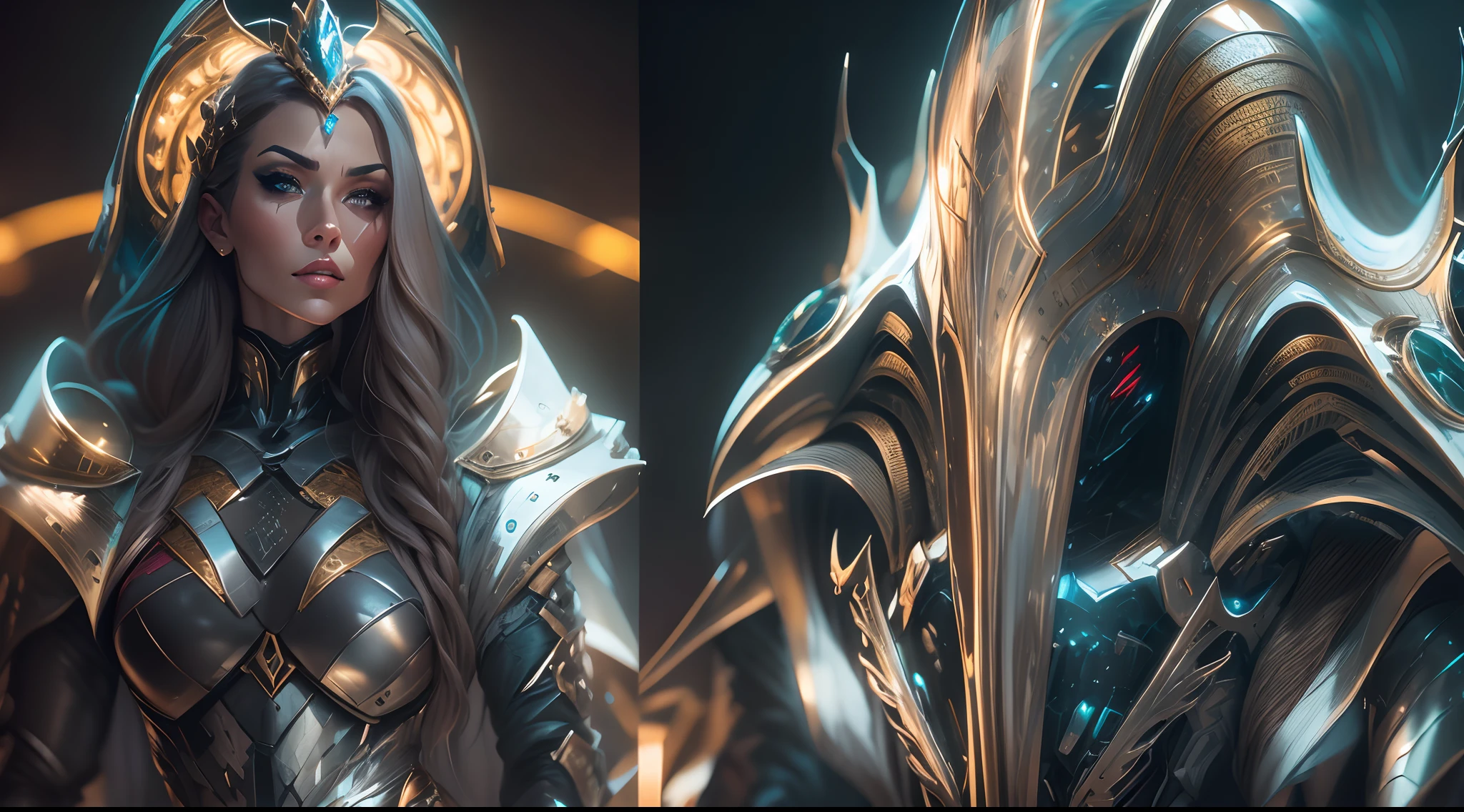 Woman in armor with a crown on her head, usando armadura futurista, ainda de um filme de fantasia, wearing sci-fi armor, wearing witchblade armor, ****** na armadura do cavaleiro, warrior in sci-fi armour, usando armadura de fantasia, of a beautiful female warframe, Filme ainda de ciborgue asteca, beautiful female neuromancer, cinematic goddess close shot