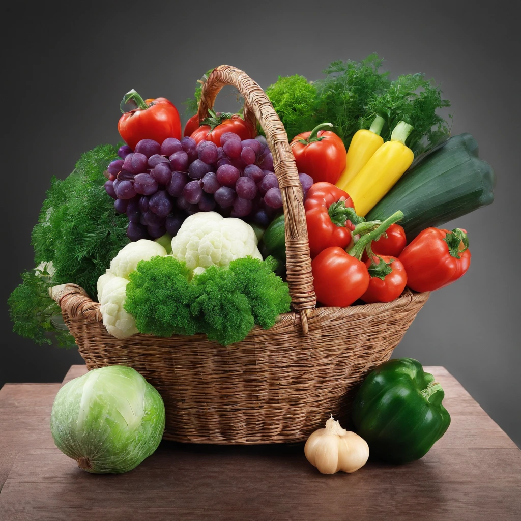 Assorted vegetables in a basket, ​masterpiece,top-quality,professional photograpy,detail portrayal,8K,the background is white