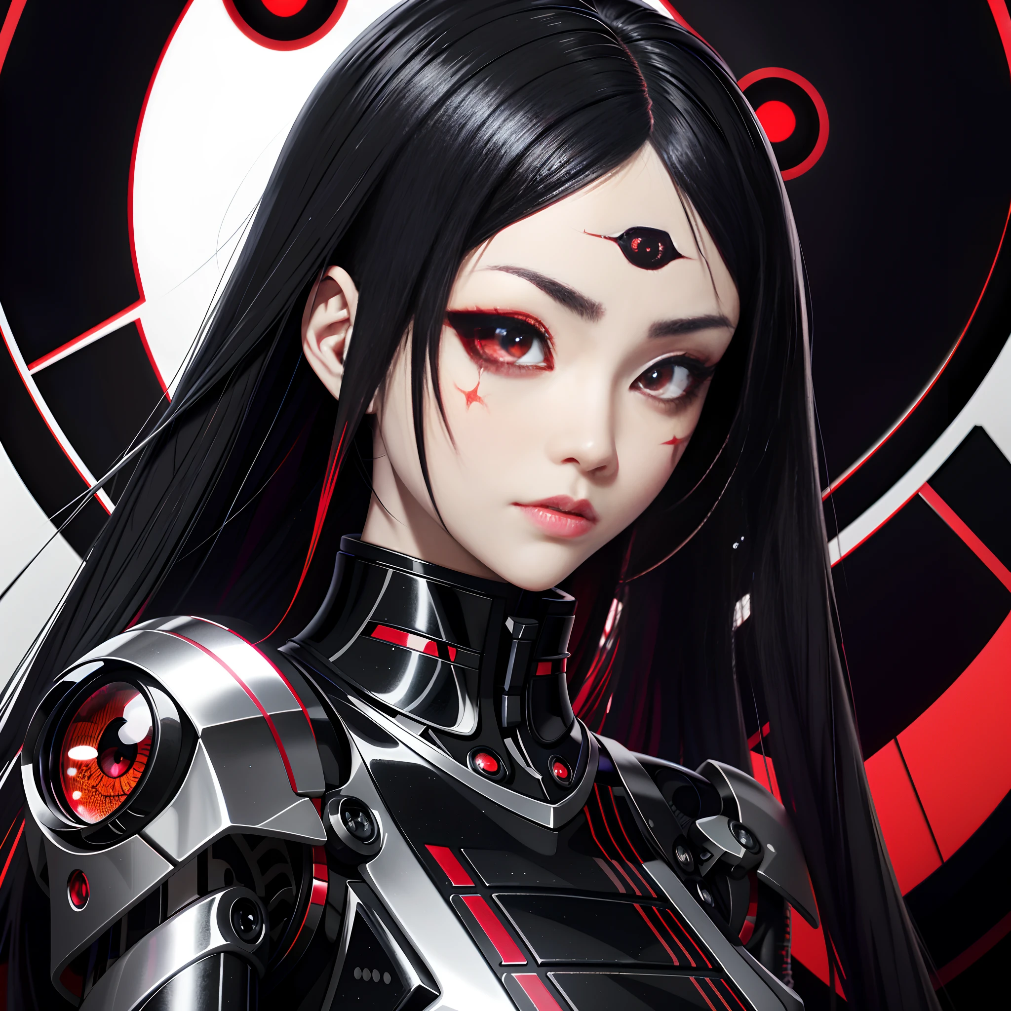 Anime eyes with red and black iris and black and white background, Red eyes are very detailed, detailed anime eyes with pupils, eye cyberpunk bionics, cybernetic eye, huge anime eyes, Evangelion style eyes, black anime pupils in her eyes, Red light eyes, Detailed pupils, Detailed digital anime art, Intricate eye detail focus, Sharp red eyes