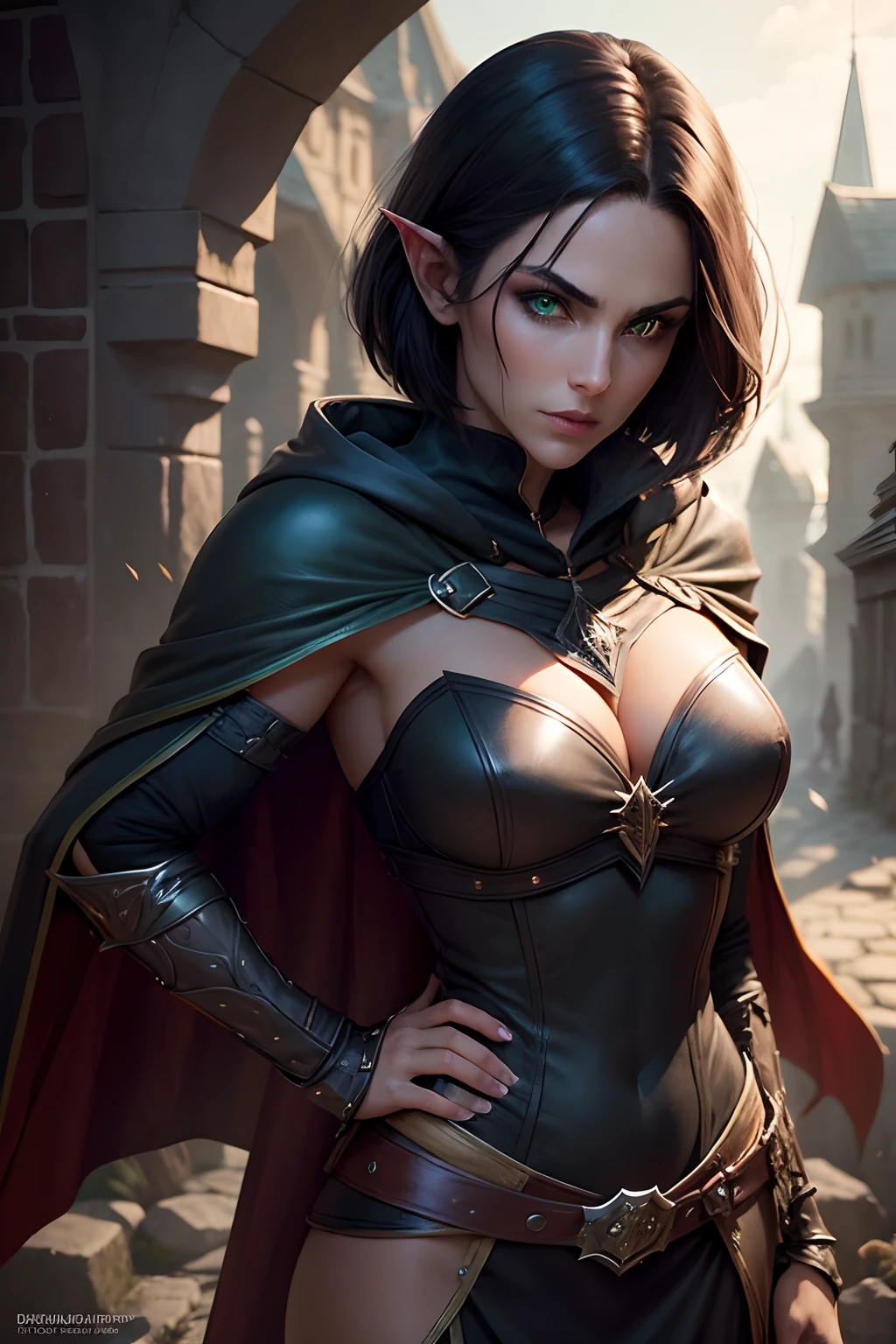 Woman, dark elf, dark haired, rogue, green eyes, angular face, medieval, DnD, cape, sexy leather armor, daggers, beautiful, mature, hood, magic, perfect face, detailed face, perfect eyes, detailed eyes, perfect hands, detailed hands, ((short hair))