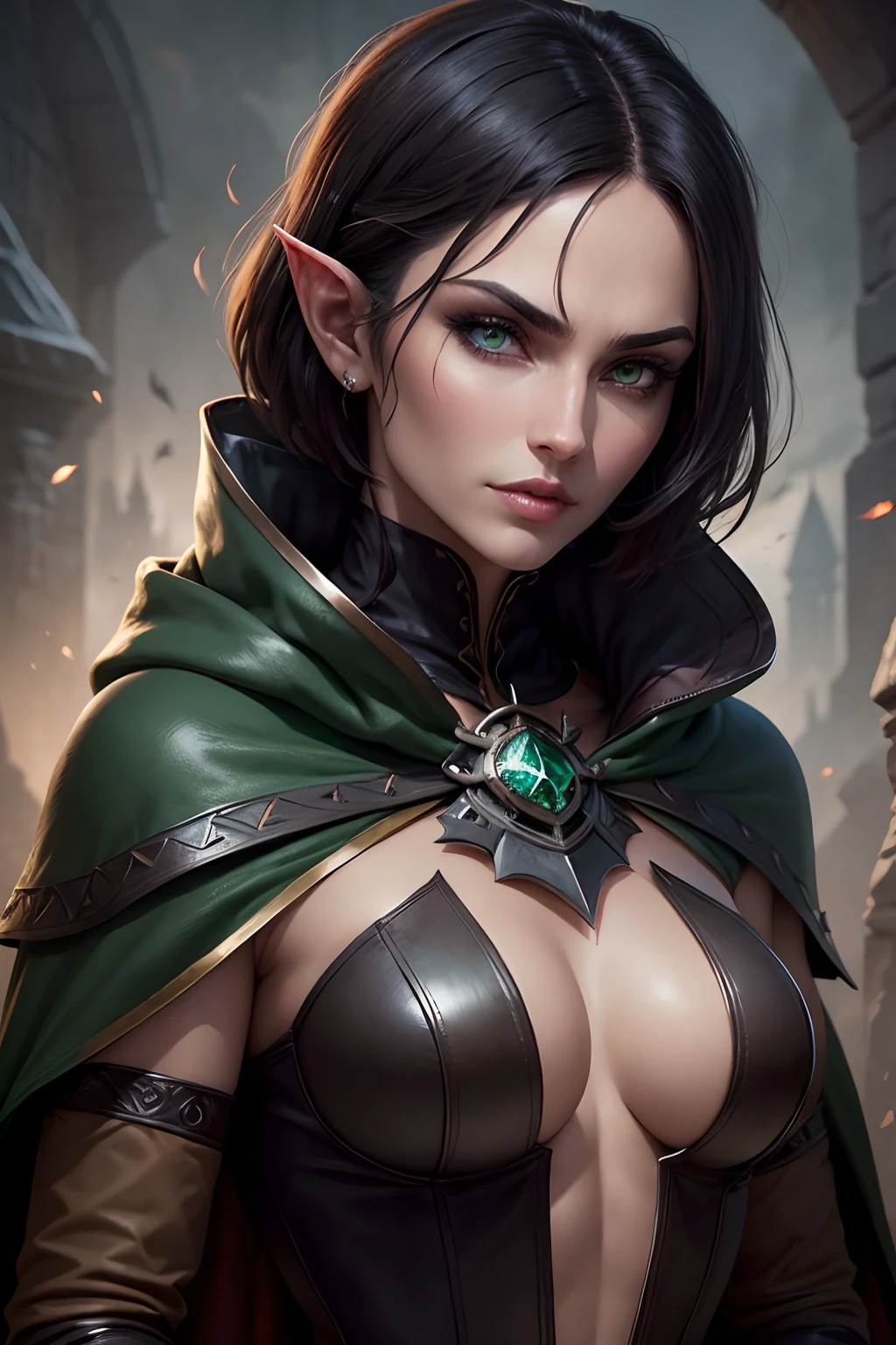Woman, dark elf, dark haired, rogue, green eyes, angular face, medieval, DnD, cape, y leather armor, daggers, beautiful, matood, magic, perfect face, detailed face, perfect eyes, detailed eyes, perfect hands, detailed hands, ((short hair))