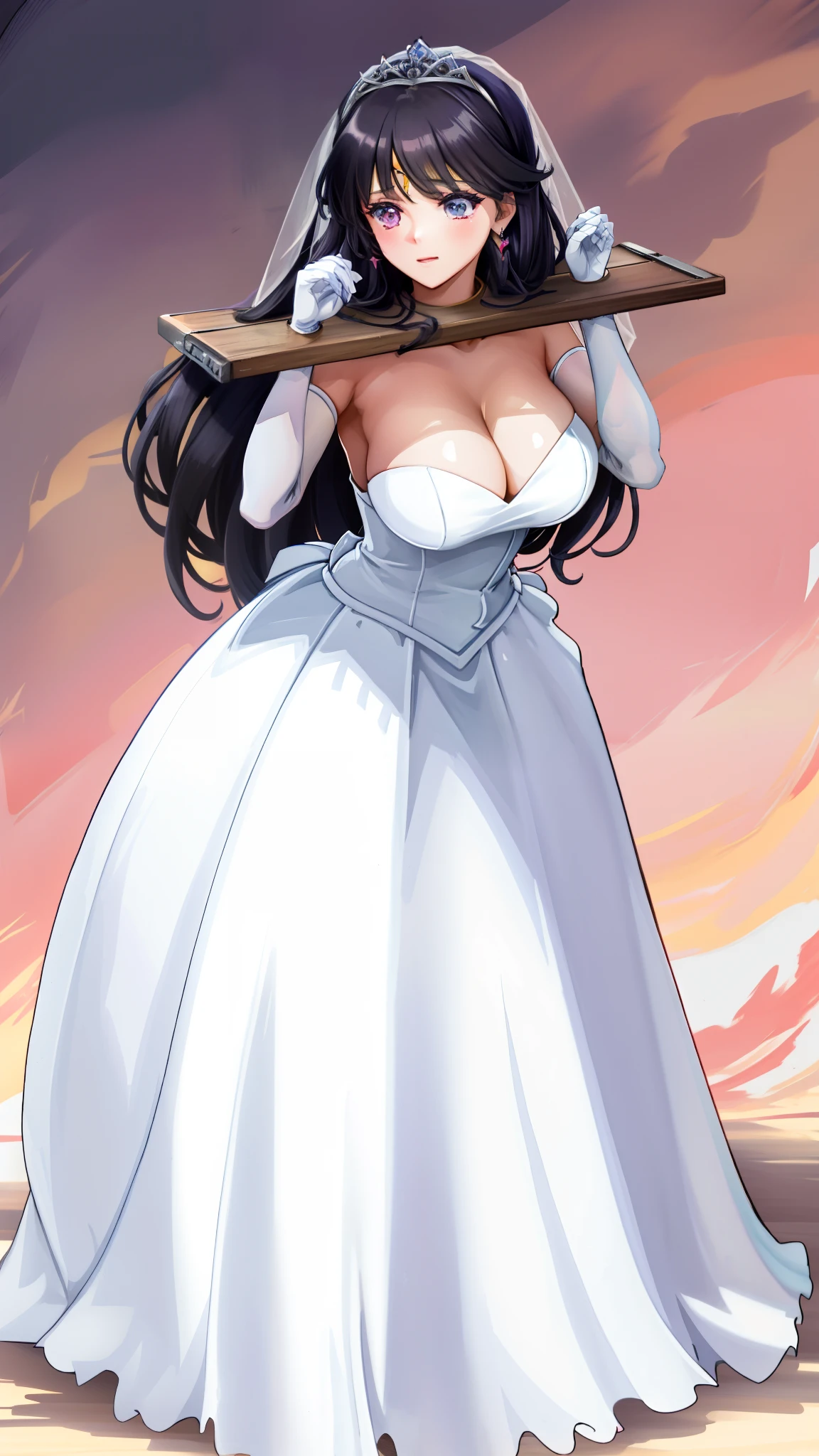 1girl,独奏,SMMars,Very long hair,Parted bangs,Close-up of a beautiful bride wearing a beautiful wedding dress, Gurwitz,(Pillory:1.5), (flail:1.2), flail on the head, flail on the hands,full body photo, whole body, (bridal veil: 1.5), (transparent short veil: 1.5), flushed face, head flower, tiara, (tube wedding dress: 1.5), (silk dress: 1.2 ), (strapless wedding dress: 1.5), (floor length skirt:1.2), pure white dress,white long skirt, necklace, earrings, (huge breasts: 1.3), deep V heart-neck wedding dress, bangs, lipstick, (lace gloves: 1.3), high detail RAW Color art,