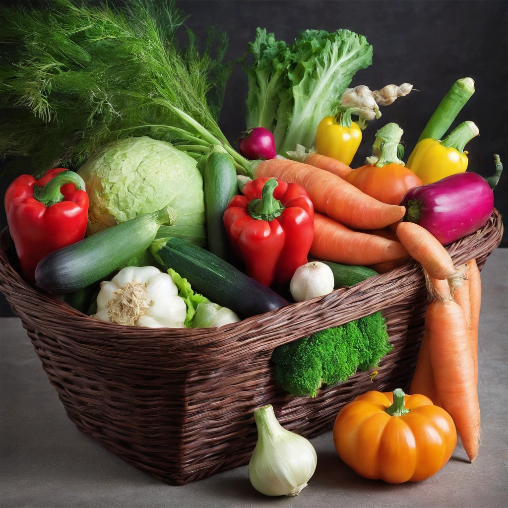 Assorted vegetables in a basket, ​masterpiece,top-quality,professional photograpy,detail portrayal,8K,the background is white