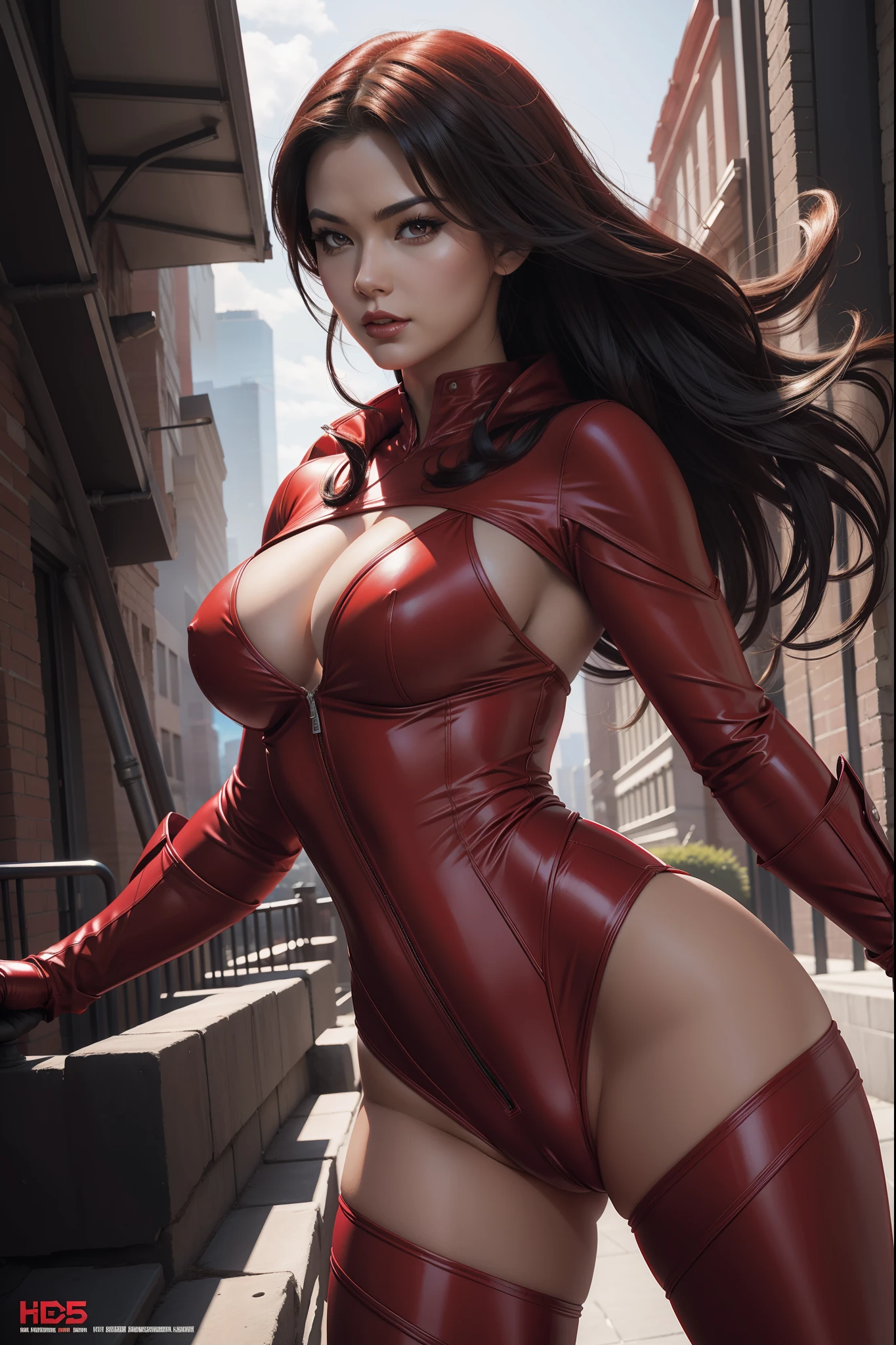 in the style of Artgerm and Adam Hughes, a sexy superhero in a red costume, outside, dynamic, ultra high def, 32k,