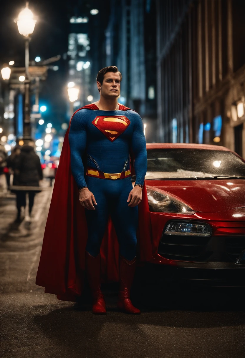 Superman, dc, caminando por una calle, Nueva York, Gente observando, alegria, admiracion, Posicion de pie, dinamico, altamente detallado, enfoque nitido, 8k, resolucion de alta definicion, arte de alex ross, noche, luces de ciudad