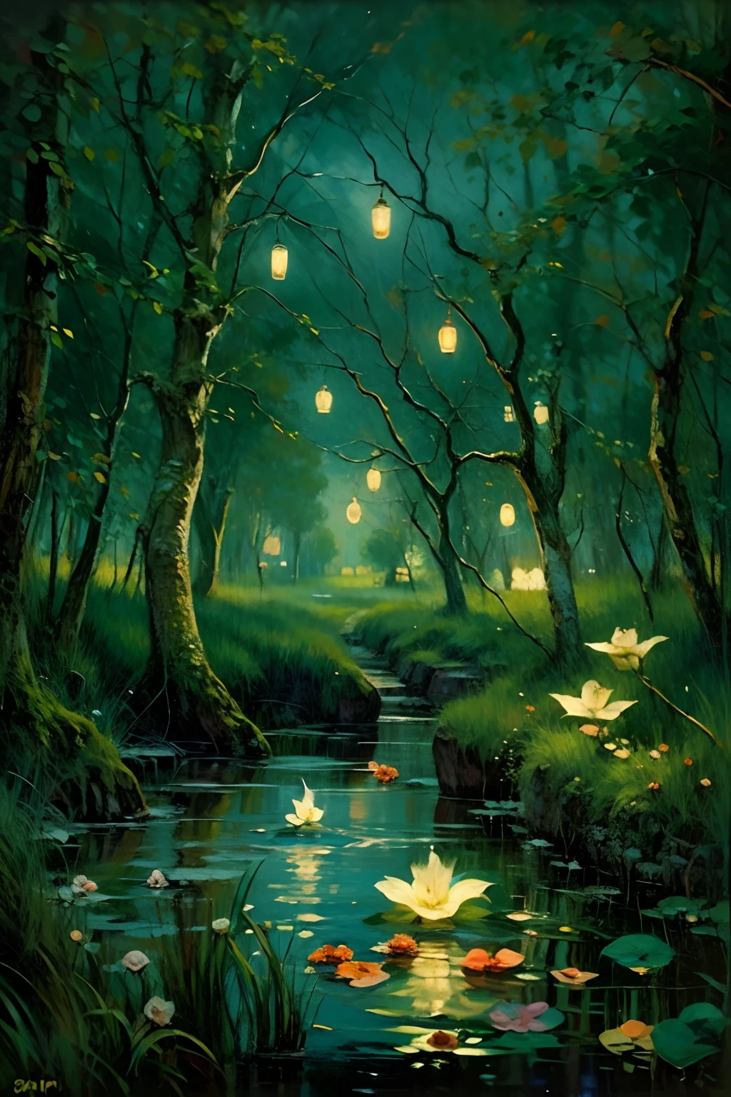 oil painting landscape, cinematic lighting, contrast lighting, swamp at night, fireflies, ghosts, candles flying in the air, whimsical, magical, old vintage art, swapm lilies
