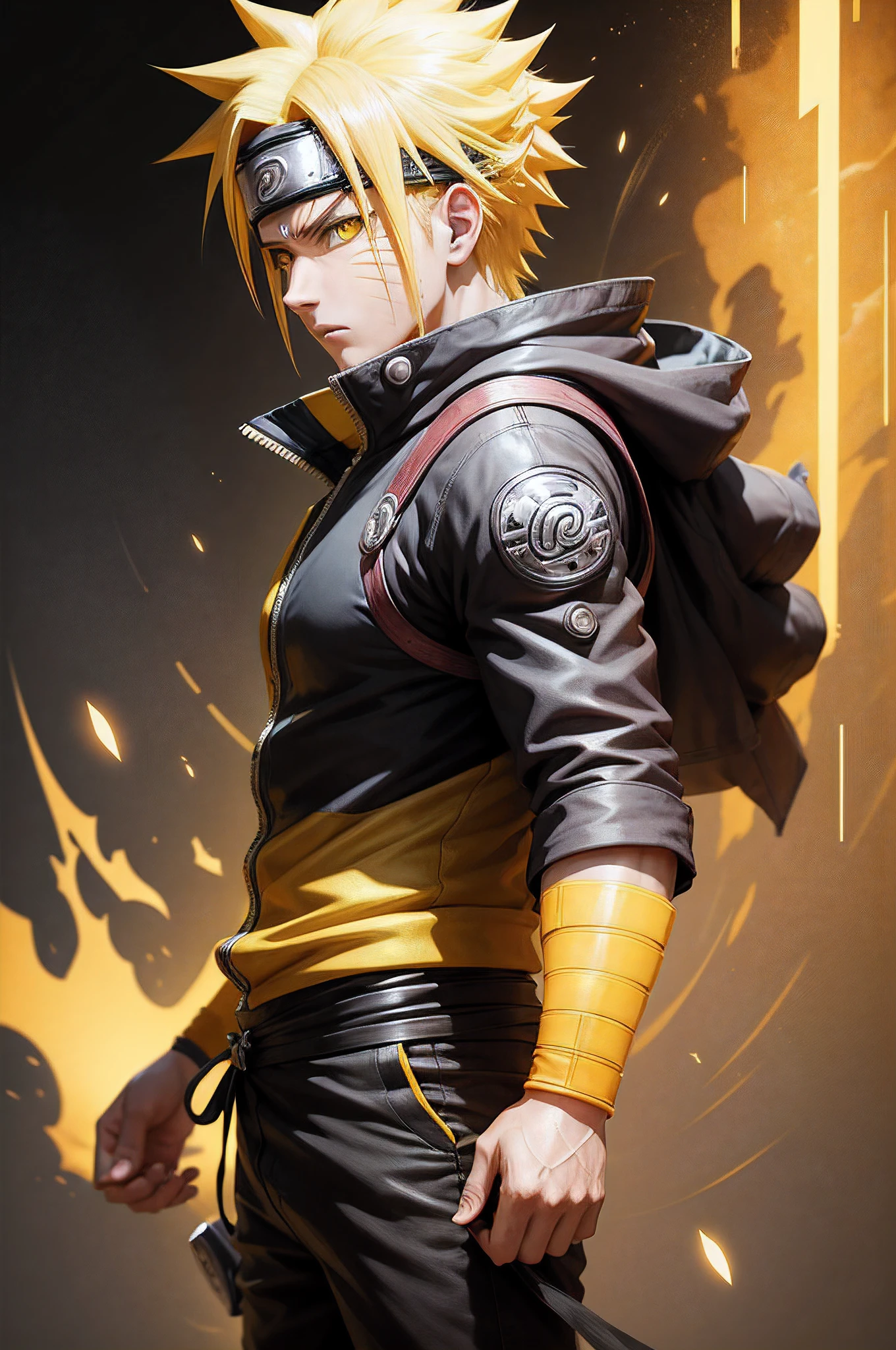 naruto uzukami in super saying mode, realistic, super detailed, best quality, yellow hair, yellow eyes, super saying style