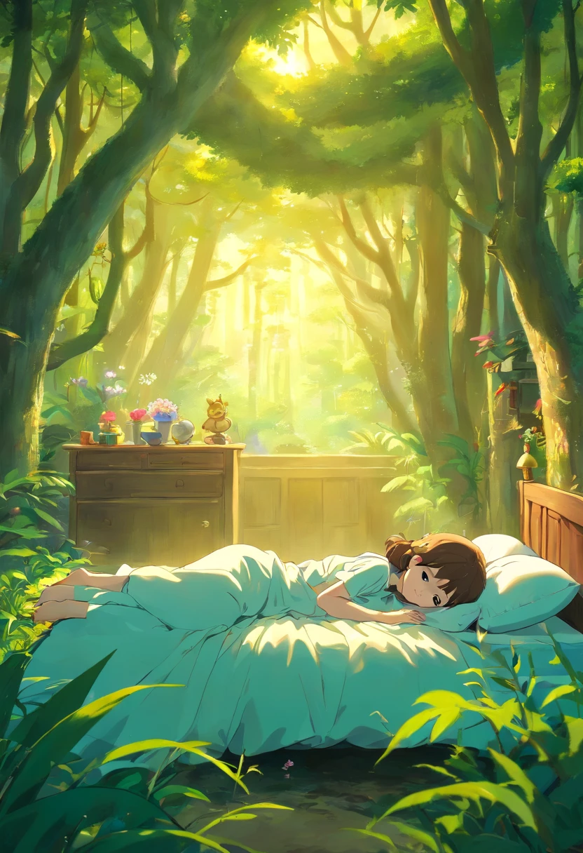 Um casal, sick girl in bed, rapaz preocupado, in Magic Forest, 3d, anime, arte obra prima