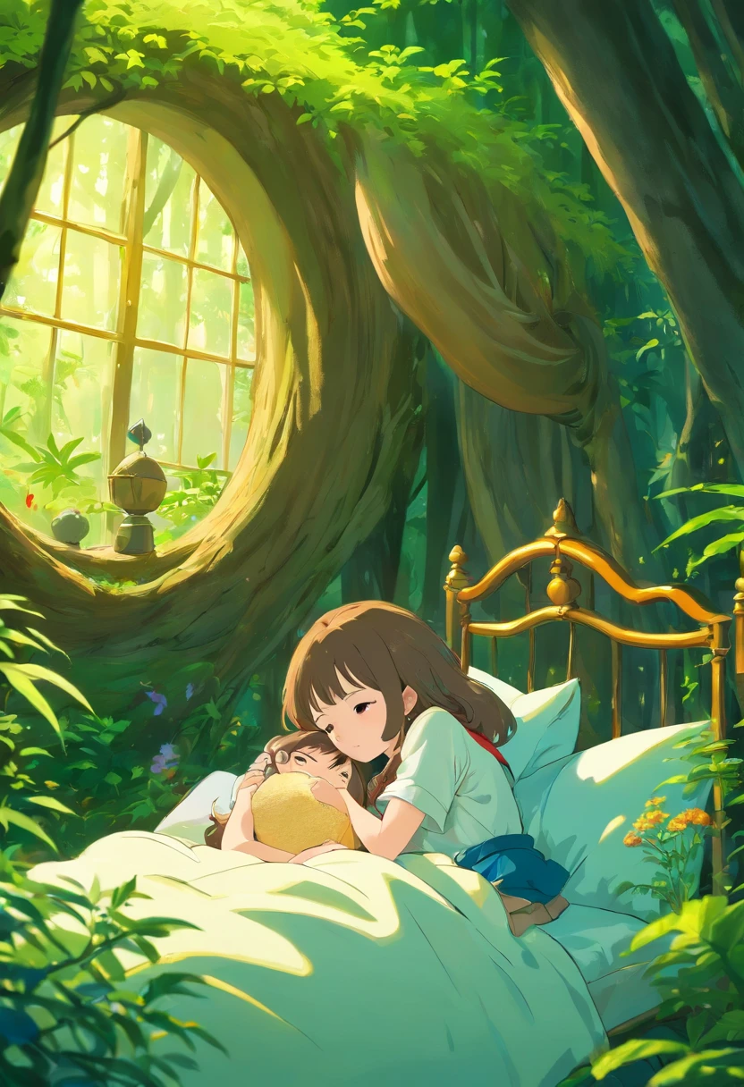 Um casal, sick girl in bed, rapaz preocupado, in Magic Forest, 3d, anime, arte obra prima