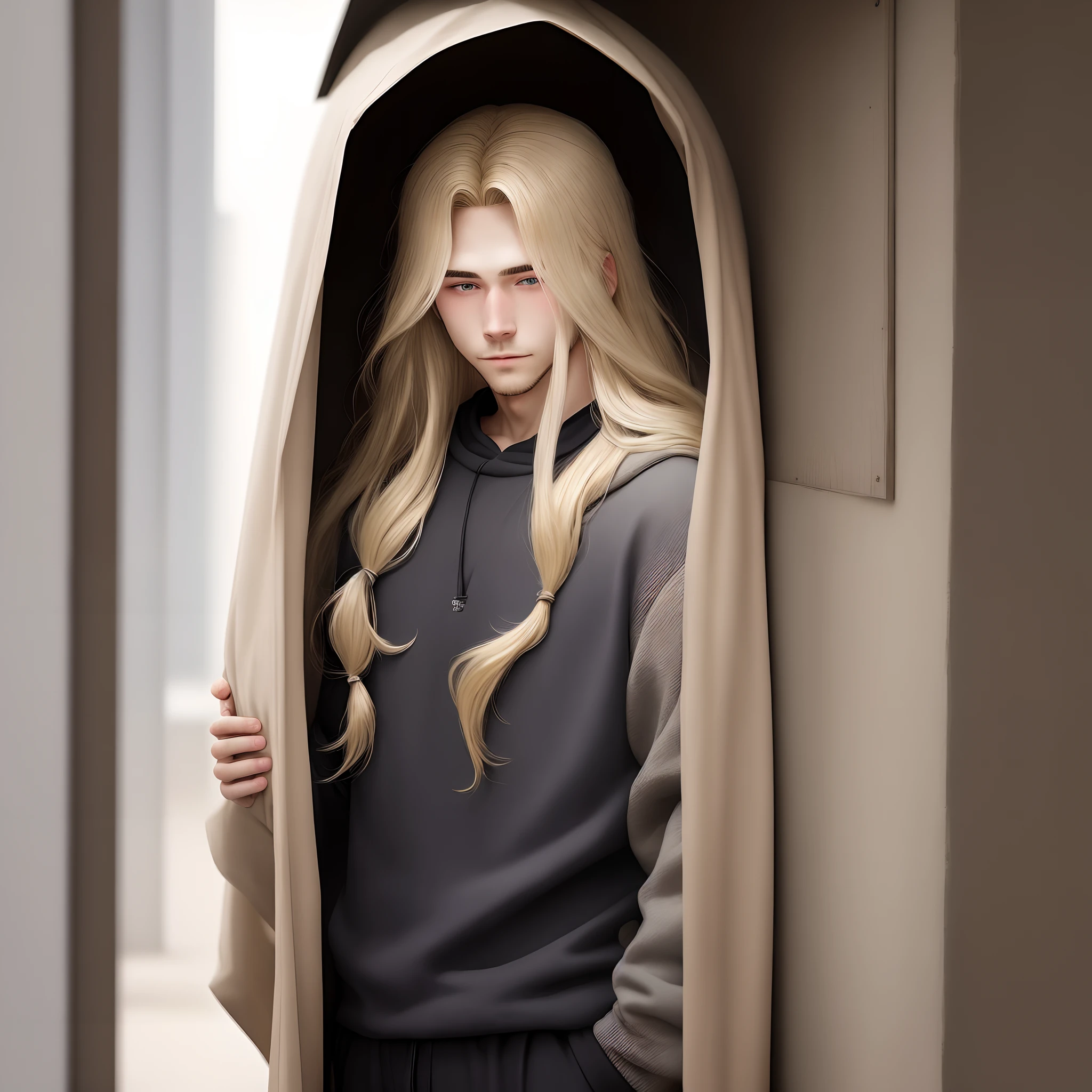 a male person with long blonde hair hiding the eyes