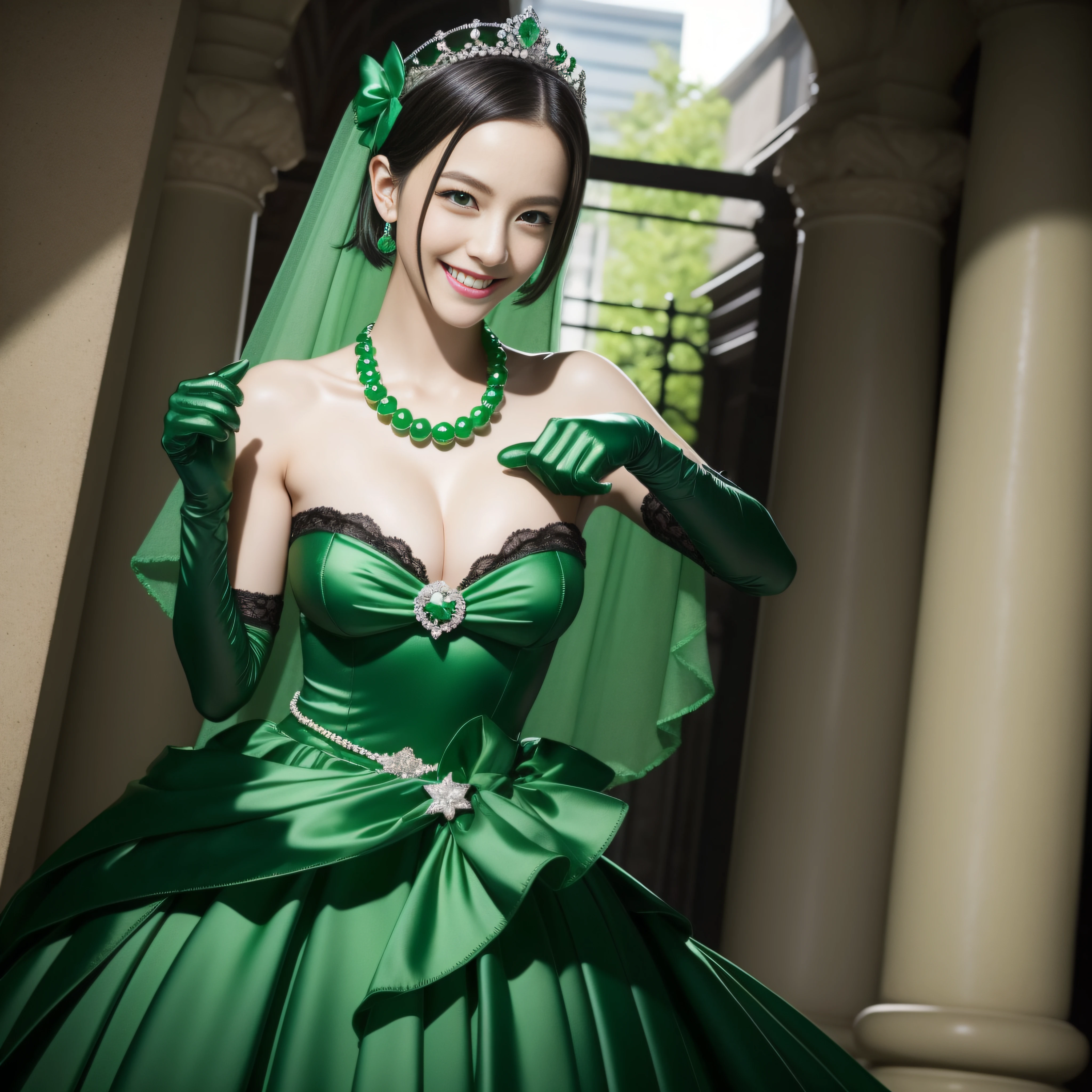 emerald tiara, Green Pearl Necklace, Boyish very short black hair, lipsticks, Japan woman smiling, very short short hair, fist, big breasts beautiful, Green eyes, Long green gloves made of satin material