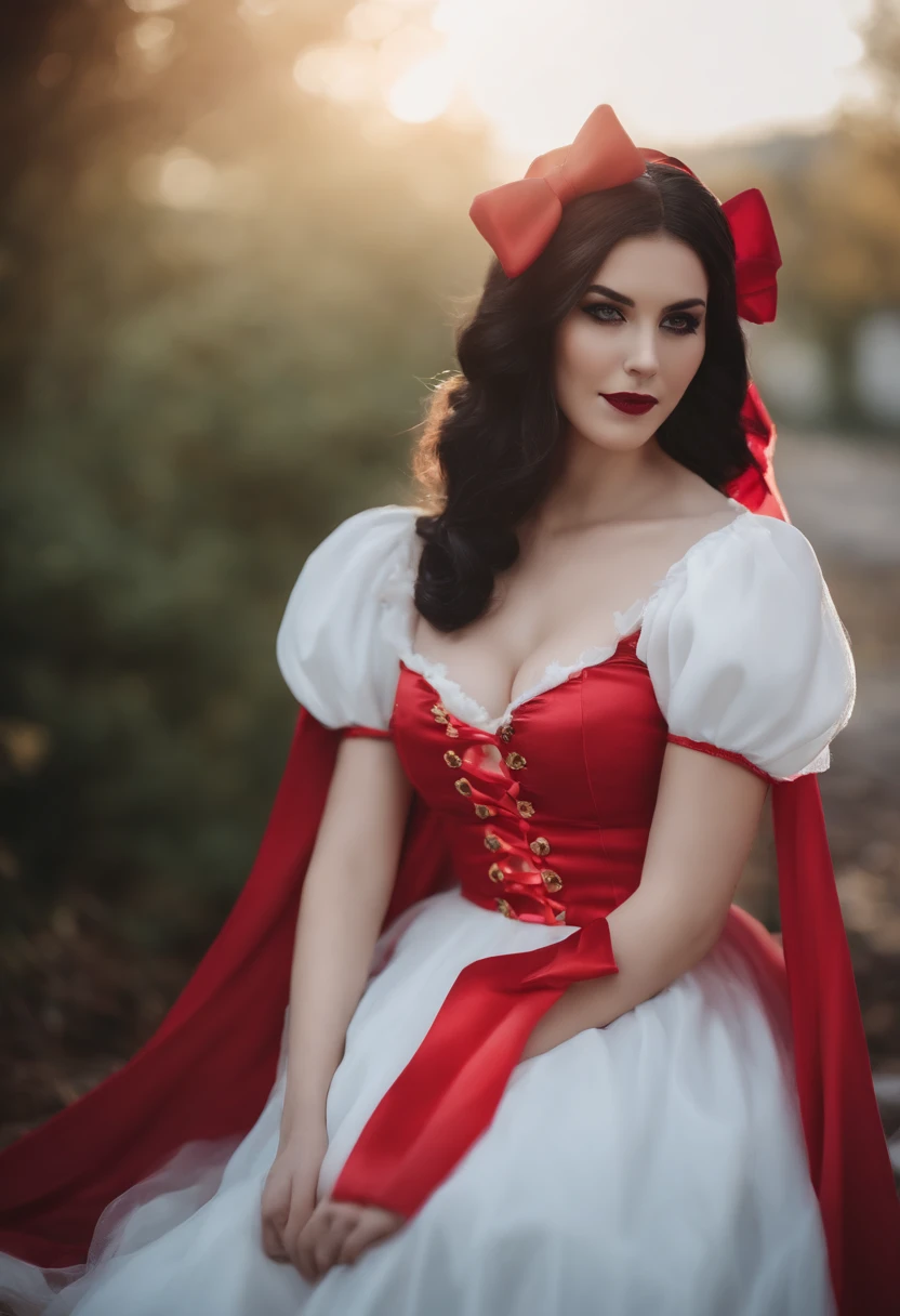 Araffe dressed as a snow white with a red bow and a red bow, beautiful vampire queen, realistic cosplay, Marceline from Adventure Time, anime girl cosplay, 4K HD snow white hair, beautiful vampire queen, snow white as a d &d fighter, snow white, anime cosplay, cosplay, vampire Carmilla, with long dark hair, on the streets,torn clothes,large breasts, nude, pink nipple, showing genital, ahegao face, covered with cum