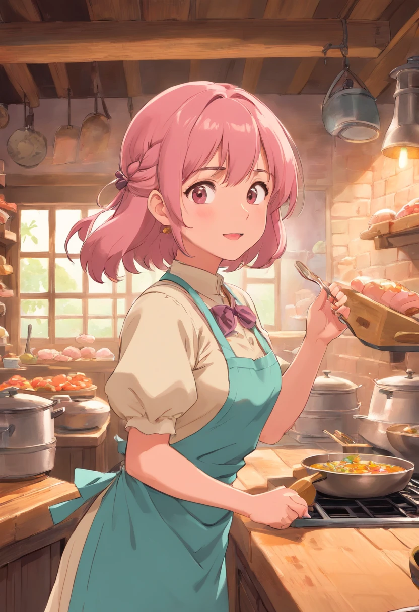 A big-breasted girl(Wear an apron)Singing,There are a lot of piglets around(in pink)