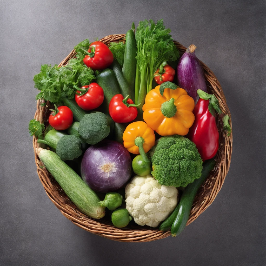 Assorted vegetables in a basket, masterpiece,top-quality,professional photograpy,detail portrayal,8K,the background is white