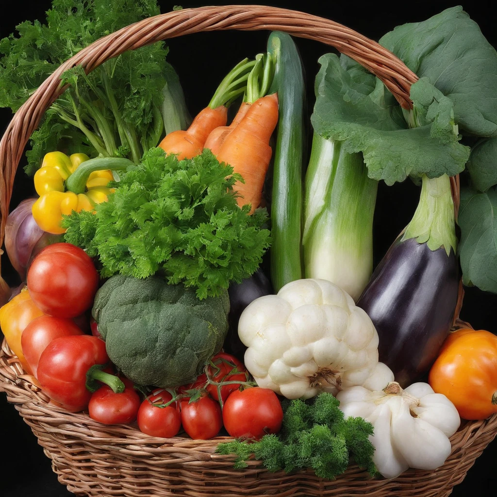 Assorted vegetables in a basket, masterpiece,top-quality,professional photograpy,detail portrayal,8K,the background is white