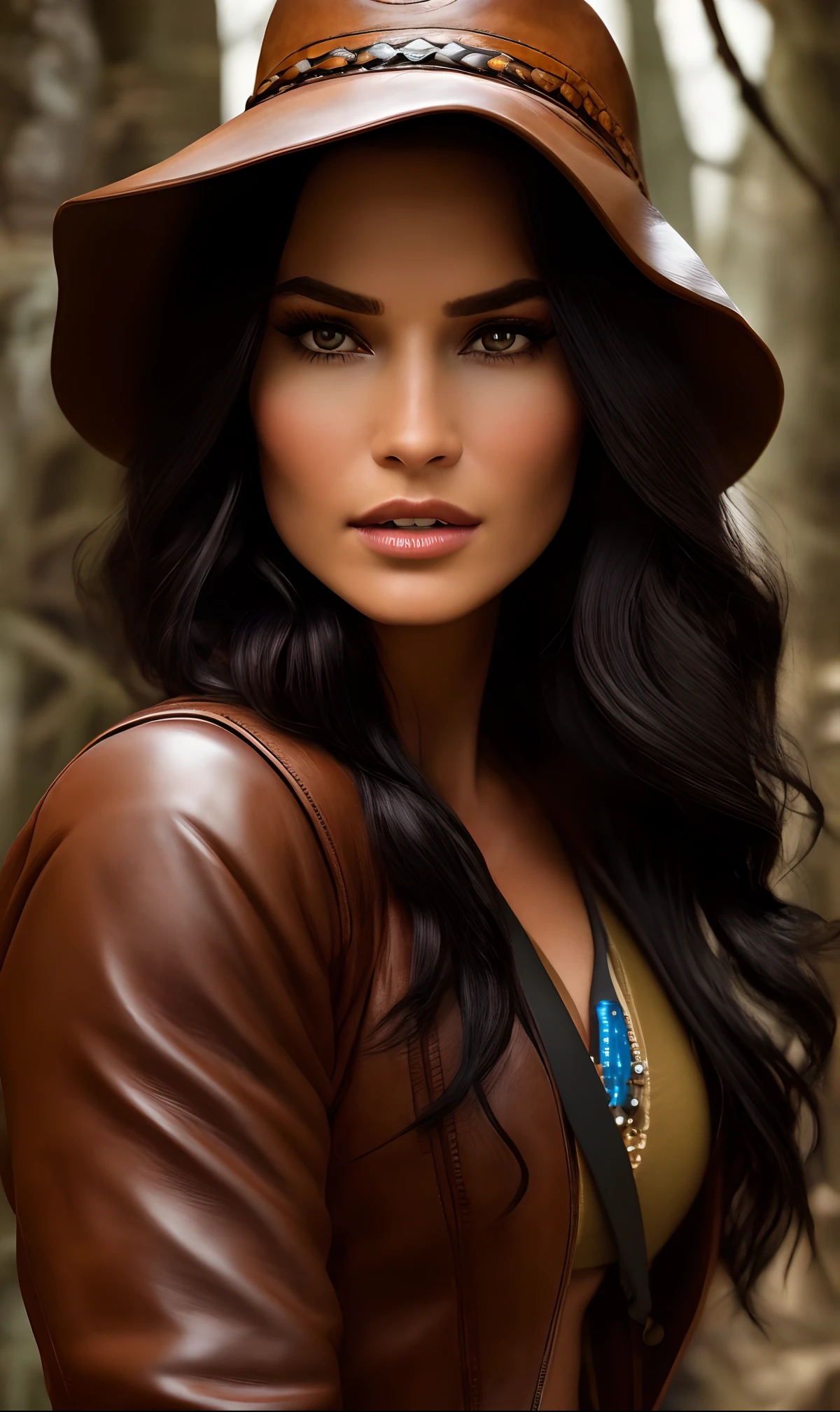 (((Ultra detailed, beautiful face, Megapixel))) Capture a visually captivating and empowering photo realistic image of a famous Disney princess, Pocahontas, channeling the spirit of the iconic tough male movie character, Indiana Jones. Pocahontas, with her fierce determination, is dressed in an ensemble inspired by Indiana Jones' adventurous style. Her facial features are strong yet graceful, with (high cheekbones) and piercing (amber) eyes that reflect both wisdom and curiosity. Her lustrous (midnight black) hair cascades in loose waves, while a wide-brimmed (weathered brown) hat sits atop her head, accentuating her warrior spirit. She wears a rugged (brown leather) jacket, adorned with intricate beadwork and fringe, symbolizing her connection to nature. The jacket is paired with fitted (khaki) trousers and sturdy (brown leather) boots, enabling her to navigate treacherous terrains with agility and confidence. Against a blank black background, Pocahontas embodies the fusion of strength, grace, and adventure, seamlessly blending the essence of both her character and Indiana Jones. With your camera, a high-resolution DSLR paired with a portrait lens, you will capture the empowering spirit and iconic style of Pocahontas as she channels the essence of Indiana Jones.