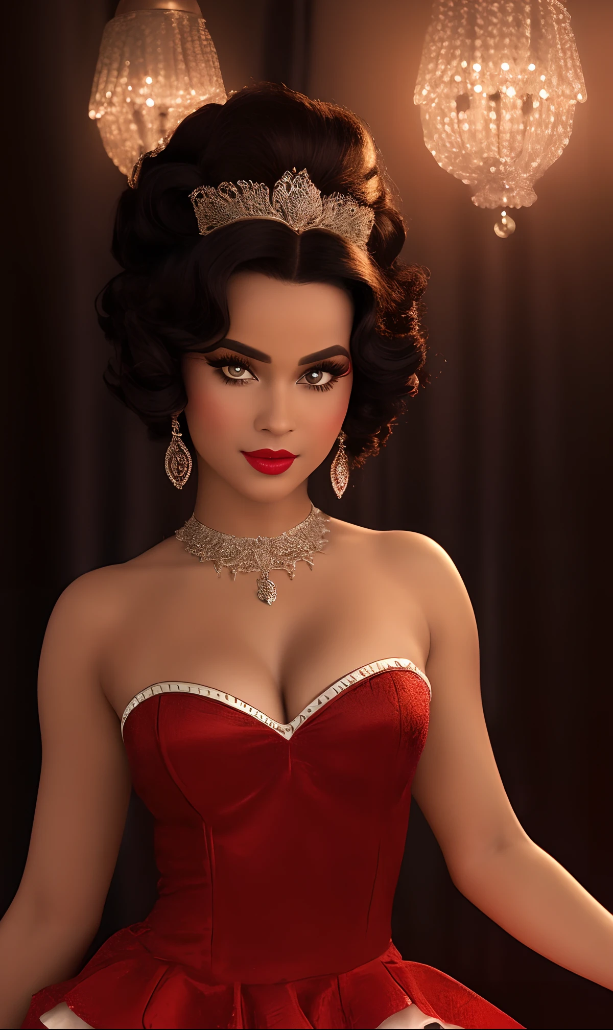 (((Ultra detailed, beautiful face, Megapixel))) Capture a visually captivating and enchanting photo realistic image of a model portraying the beloved Disney princess Pocahontas dressed as the iconic cartoon character Betty Boop. The model possesses the natural beauty of Pocahontas, with (deep brown) eyes that radiate warmth and wisdom. Her hair, styled in an exaggerated voluminous bob, maintains its (flowing ebony) color, paying homage to Betty Boop's signature hairstyle. She wears a form-fitting, strapless dress made of silky red satin, adorned with playful white polka dots. The dress showcases her curves, evoking the spirit of Betty Boop's timeless allure. Against a blank black background, the focus is solely on the model's striking features and the vibrant contrast between the red and white fabric. With your camera, a high-resolution DSLR paired with a portrait lens, you will capture the enchanting fusion of Pocahontas and Betty Boop, creating a visually captivating image.
