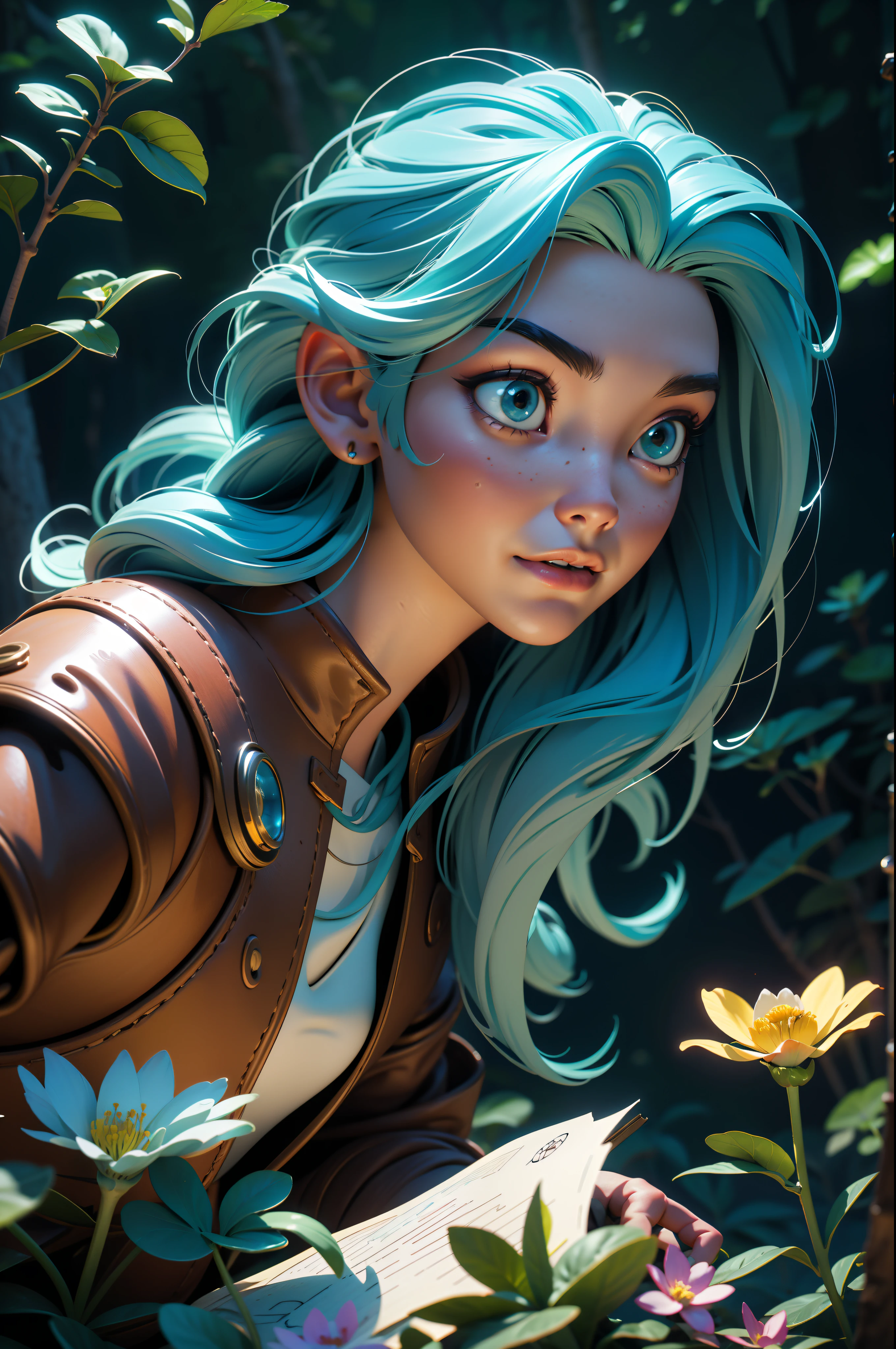 masterpiece, 1beautiful girl, with long hair and guild adventurer clothes, she is in a beautiful ([woodland setting]), {([she is in interaction with the elements of the setting])|+([3D space composition ]):1.2}!  {The setting is: (fareground/ bright leaves+blur, beautiful colorful flowers, fireflies)!  (midground/bright bushes, grasses, flowers, glowing trees, squirrels_on_the_ground, +a 1beautiful girl, with long hair and guild adventurer clothes)!  (background/ froresta_verde_escura)}!  ([camera with dynamic angles/+naturalness]:1.2), maximum detail, ultra quality, maximum resolution, 16k, anime style, ([work with 3D perspective]):1.3, (creative/+dynamic/+naturalness):1.2, [camera with dynamic capture angles/+genius work of art]:1.2! [ethereal atmosphere]:1.1 [fantasy, tale] [book story style] [soft lighting] [whimsical feel]:0:8 [+cinematic shot]:1.2 [+artstation] [+ luminescent blue blue green yellow] [+soft lighting] [soft glow] [+particles] [creative and dynamic angles]:1.3, [+mineral toning] [+octane rendering] [+professional post production ] [+rendering octane] [+tones and lighting and contrast/+ghibli style/+studio style]