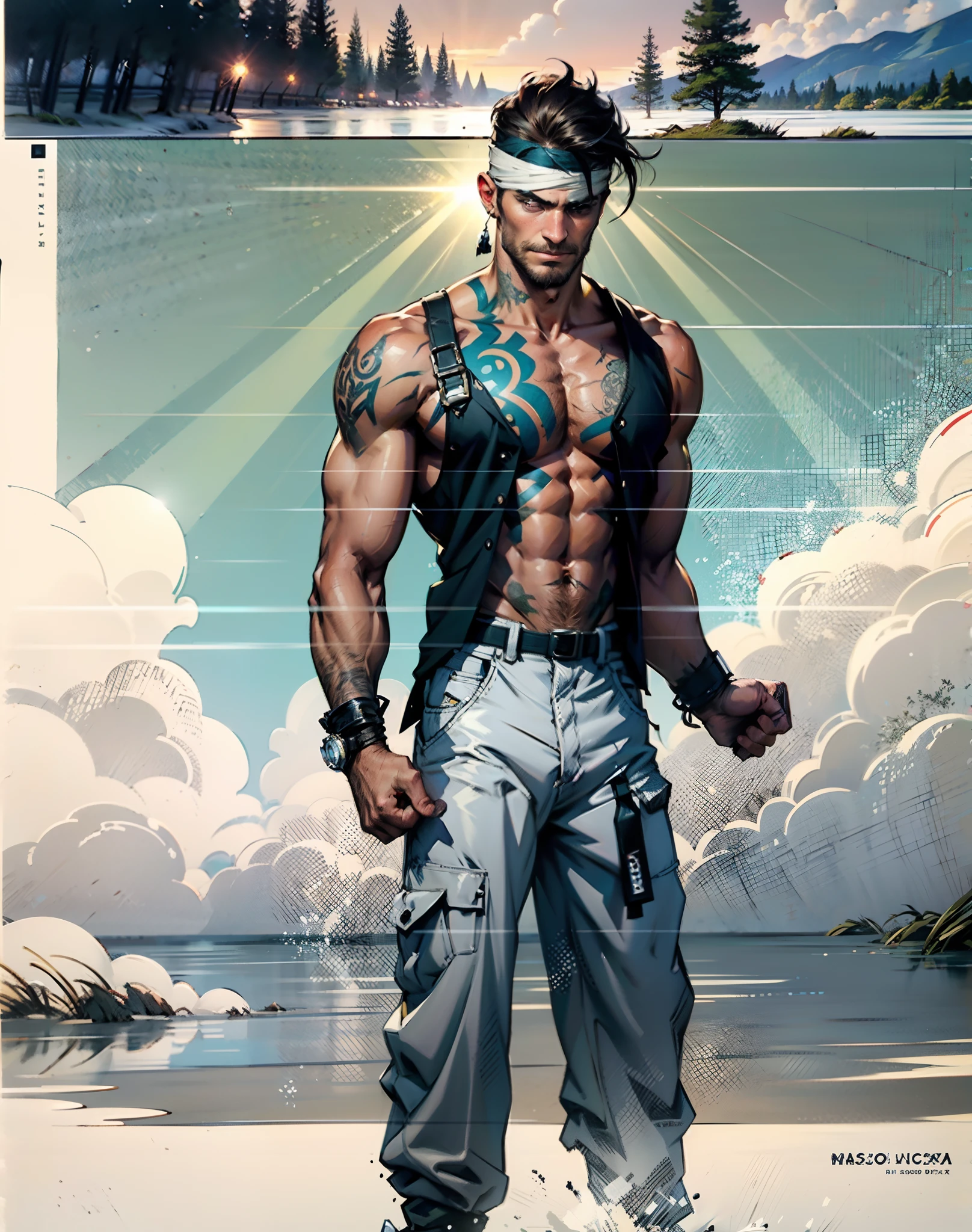 A middle-aged man with short hair, a bandage around his head that covers one eye, a sly grin on his face, he wears a ragged open-chest vest, reveals a large part of his chest, adorned with tattoos on his right side, with one tattoo on his right shoulder, he wears tattered cloth wrist guards, old coarse linen pants, he stands amidst a collection of dilapidated Southeast Asian-style thatched huts, surrounded by forests, marshy terrain, under the sunlight, this character embodies a finely crafted a fantasy-style wilderness design in anime style, characterized by a sophisticated and mature manga illustration art style, high definition, best quality, highres, ultra-detailed, ultra-fine painting, extremely delicate, professional, anatomically correct, symmetrical face, extremely detailed eyes and face, high quality eyes, creativity, RAW photo, UHD, 8k, Natural light, cinematic lighting, masterpiece:1.5