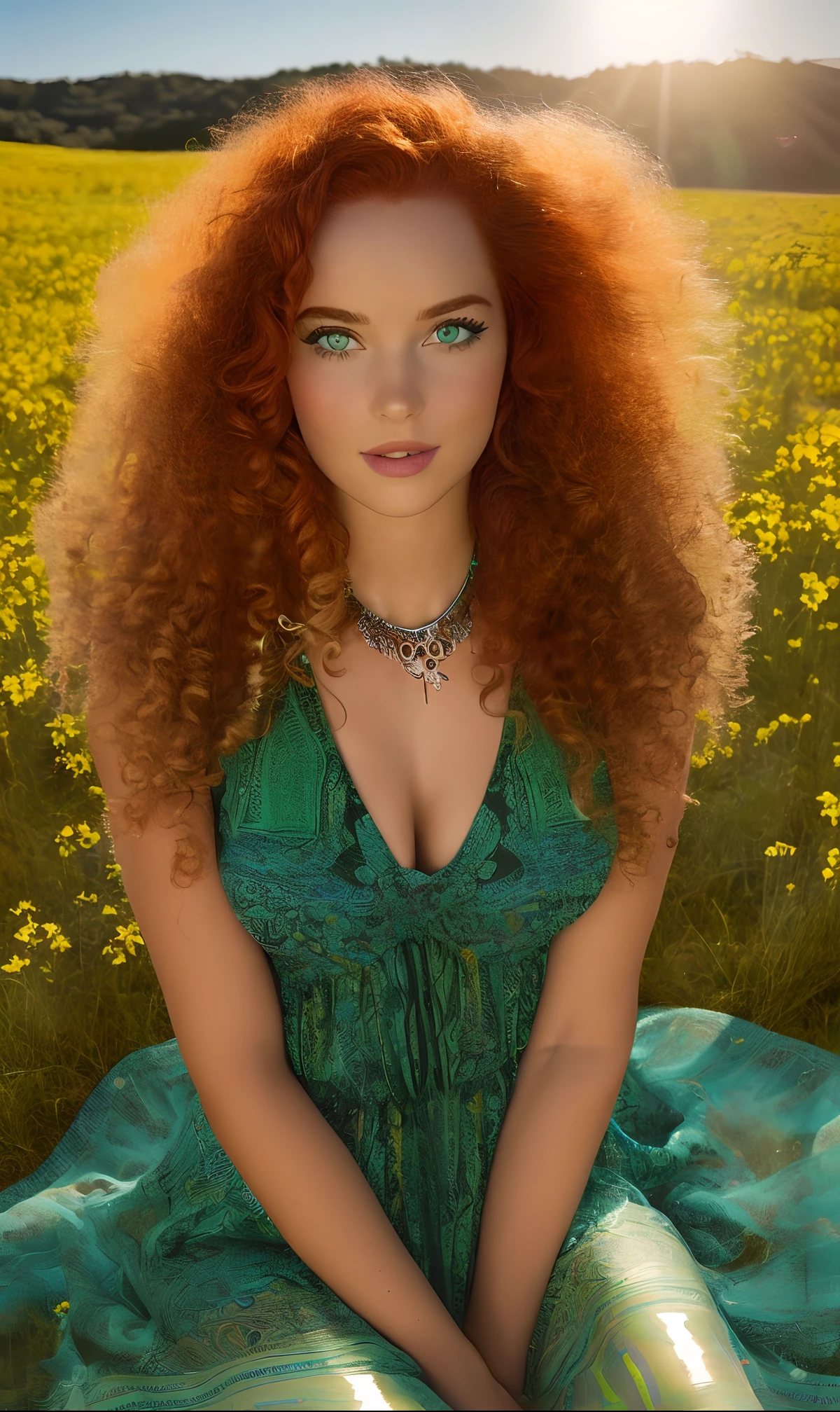 (((Ultra detailed, beautiful face, Megapixel))) A free-spirited and bohemian woman with a ((wild mane of curly, auburn hair)) that flows freely in the wind. Her ((sparkling green eyes)) reveal a sense of adventure and curiosity. Dressed in an eclectic and artistic fashion, she wears a flowing maxi dress with swirling patterns reminiscent of the twisted shape of liquorice candy. The dress is made of lightweight and breathable fabric, perfect for exploring sun-kissed landscapes. Adorning her wrists and neck are handmade jewelry pieces featuring liquorice-themed charms, embracing her love for the sweet treat. With a carefree and whimsical attitude, she sits cross-legged on a vibrant, patterned rug surrounded by an assortment of liquorice candies from around the world. The scene is set against a backdrop of a sunlit meadow, with tall grass and colorful flowers, creating a bohemian paradise.