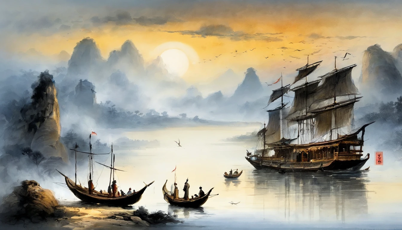 Chinese landscape painting,ink and watercolor painting,water ink,ink,Smudge,Faraway view,Ultra-wide viewing angle,Meticulous,water ink,Smudge,Meticulous,Smudge,low-saturation,Low contrast,Night rendering,Night view tone,The sea rises and the moon rises,The light boat has crossed the Ten Thousand Heavy Mountains,Beautifully depicted,A detailed,acurate,Works of masters,tmasterpiece