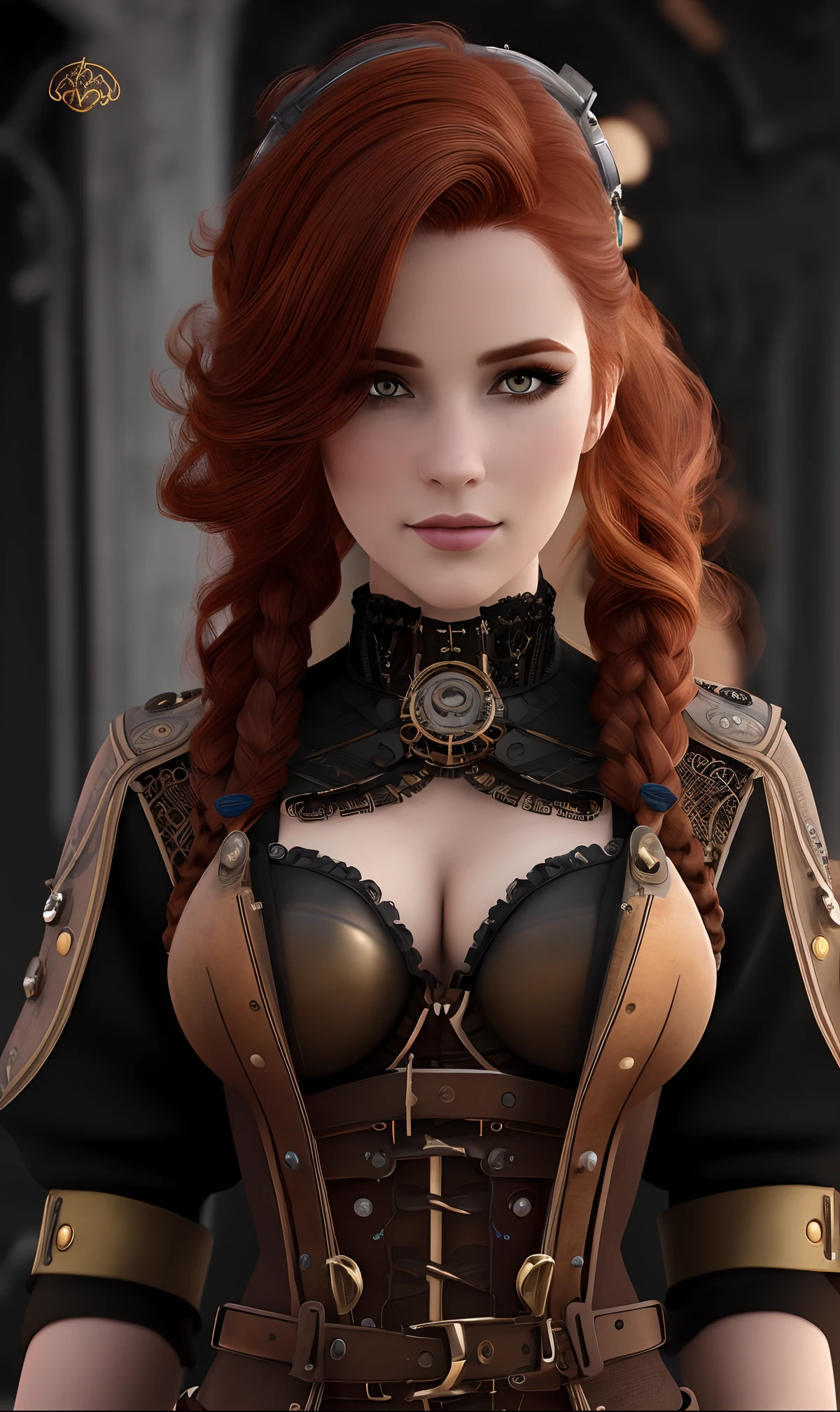 (masterpiece), (best_quality), (ultra-detailed), 1model woman, medium breast, , (steampunk technician), full body, matte auburn hair, braid,ahoge, [:creative costume design:0.2], official art, vivid color, finely detailed, hyper detailed, 8k, high resolution illustration, absurdres, intricate detail