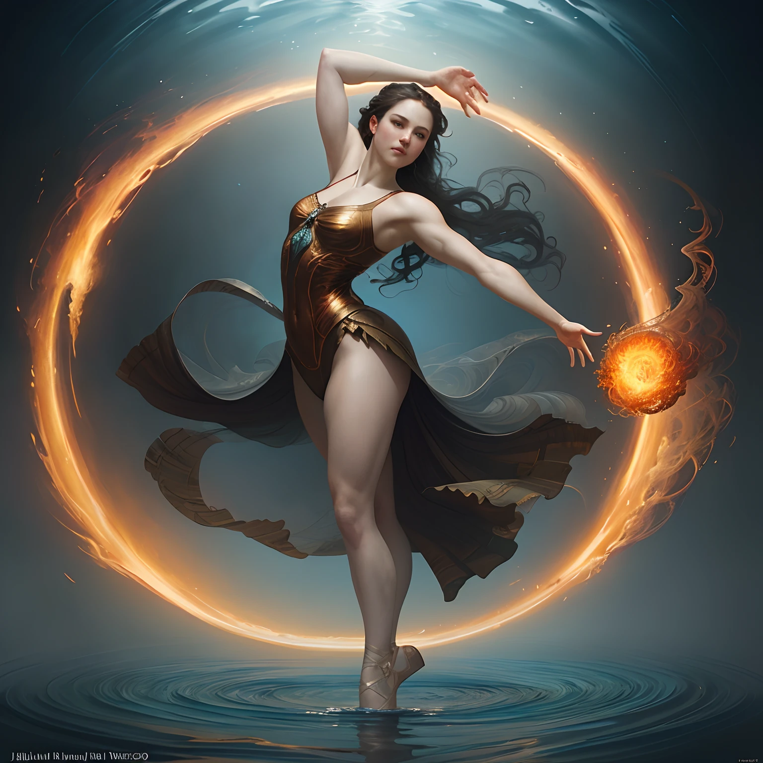 a beautiful ballerina dancing on water, spirals of smoke and fire around her body, perfect heavier body, digital painting, concept art, matte, (art by WLOP), (by Justin Gerard and Jason Edmiston: 1.5), (by Greg Rutkowski: 0.4), (by Alphonse Mucha: 0.4), masterpiece