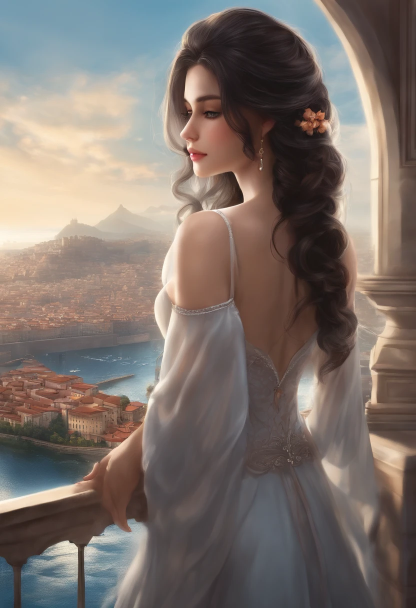(master part,Mais recente,excepcional:1.2), anime,1girl,franja,preto_Hair, belos olhos 8k,azul_heaven,ponte,Building,castelo,cidade,Cityscape,Cloud,dia,vestir,Olhando_em_visualizador,ao ar livre,vermelho_Gravema,vermelho_fita,fita,Rio,curto_Hair,curto_Mangas,heaven,highrise,sozinho,Standing,cidade,water