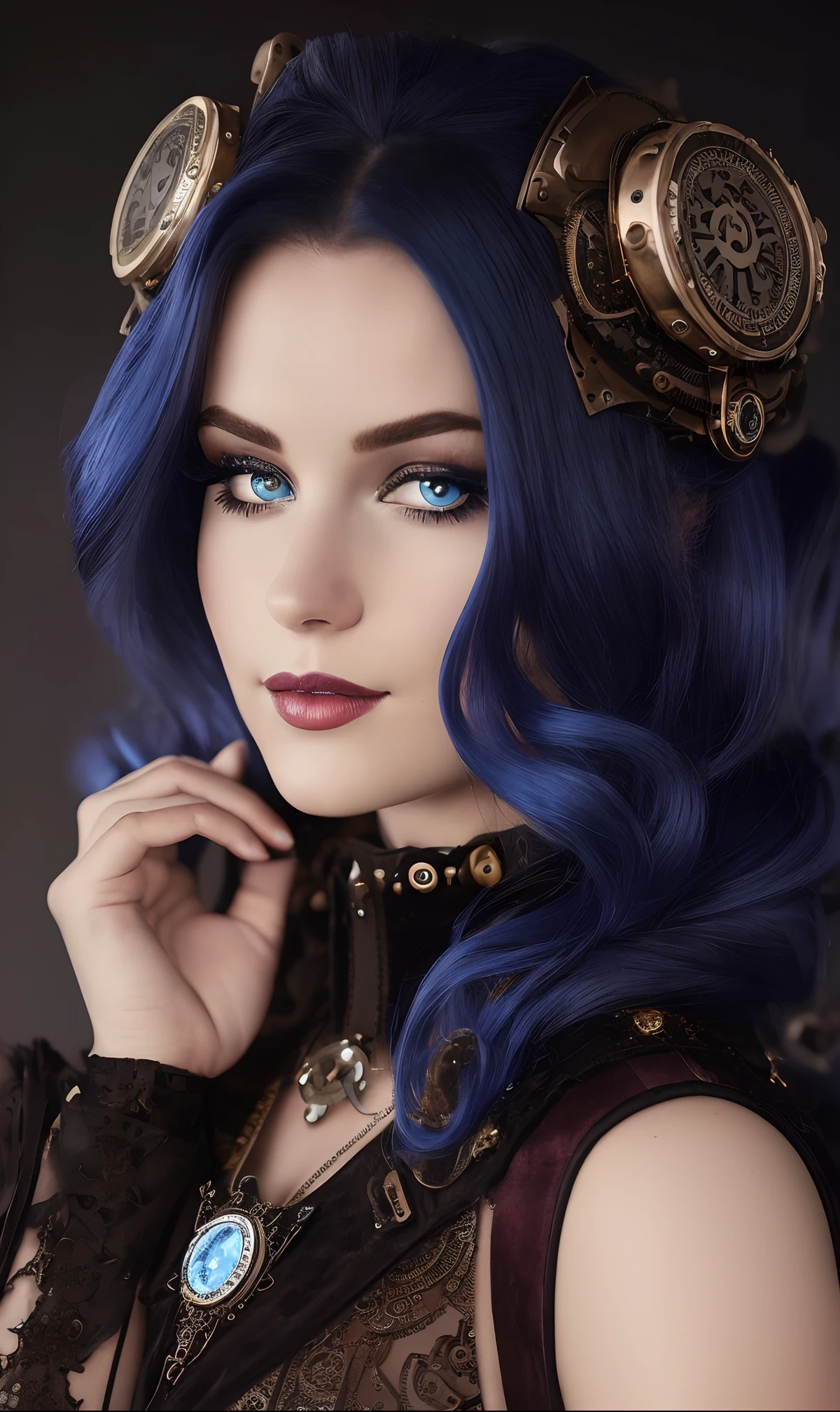 (((Ultra detailed, beautiful face, Megapixel))) Craft a visually striking photo realistic image of a steampunk futuristic Disney princess named Belle. Belle possesses (intense sapphire blue) eyes that exude intelligence and curiosity. Her hair, styled in an intricate updo adorned with mechanical embellishments and gears, boasts a stunning (silver) color that shimmers like polished metal. She wears a steampunk-inspired ensemble, featuring a corseted bodice made of (brown distressed leather) and a multi-layered skirt made of (lace, velvet, and industrial metal mesh) in a palette of (deep burgundy) and (bronze). Intricate clockwork motifs are intricately woven into the fabric, paying homage to the steampunk aesthetic. Her attire is accented with ornate brooches, cameo pendants, and pocket watch accessories. Against a blank black background, Belle's steampunk features take center stage, transporting the viewer into a world of Victorian elegance fused with futuristic innovation. With your camera, a high-resolution mirrorless camera paired with a prime lens, you will capture Belle's steampunk allure and the fusion of classic and futuristic elements in her attire.