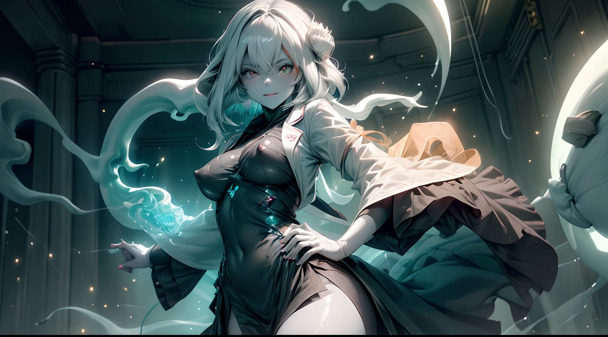 (ghosty:1.85) (doctor:1.5) girl, (white doctor coat:1.4), (spirit, spiritual:1.2), 1girl, perfect and well designed glowing shiny eyes, (beautiful detailed eyes:1.05), natural medium breasts, slim body, beautiful and delicate cute face, (face detail), ((realistic face)), pores, ((pale grey skin)), detailed skin, realistic skin, (((bioluminescence))), ((shiny skin)), (multicolored gradation skin), (monster girl:1.25), human face, medium length hair, hair voluminous, (((((multicolored gradation hair))))), (dark-haired:1.15), super high resolution, 8k, parameters Best quality, (masterpiece:1.4), (magic accessories:1.4), bracelets, extremely detailed thick tight ((dark grey:0.85), (green:1.2), (pink:0.5)) medical outfit, skirt, (standing nipples under cloth:1.15), (neckline:1.3), cleavage, decolette, Young Girl, Little Beast, (Smile:0.9), (pale Skin:1.65), ultra detailed, photorealistic, ((Real image)), (best quality:1.4), super high resolution, (Realistic 2.0), More details, (((1girl))), {(medical ward:1.2)|(doctor office:1.2)}, (beautiful and aesthetic:1.2), (fractal art:1.4), (cinematic light:1.1), (close DUTCH ANGLE:1.2), 16K, HDR, RTX, Ray Tracing, Radiosity, Anisotropic Filtering, Subsurface Scattering, (((magic lights))), metallic reflections, Detailed, Realistic, 4k highly detailed digital art, (cool_color), extremely detailed CG unity 8k wallpaper, vibrant colors, (seductive pose:1.6)