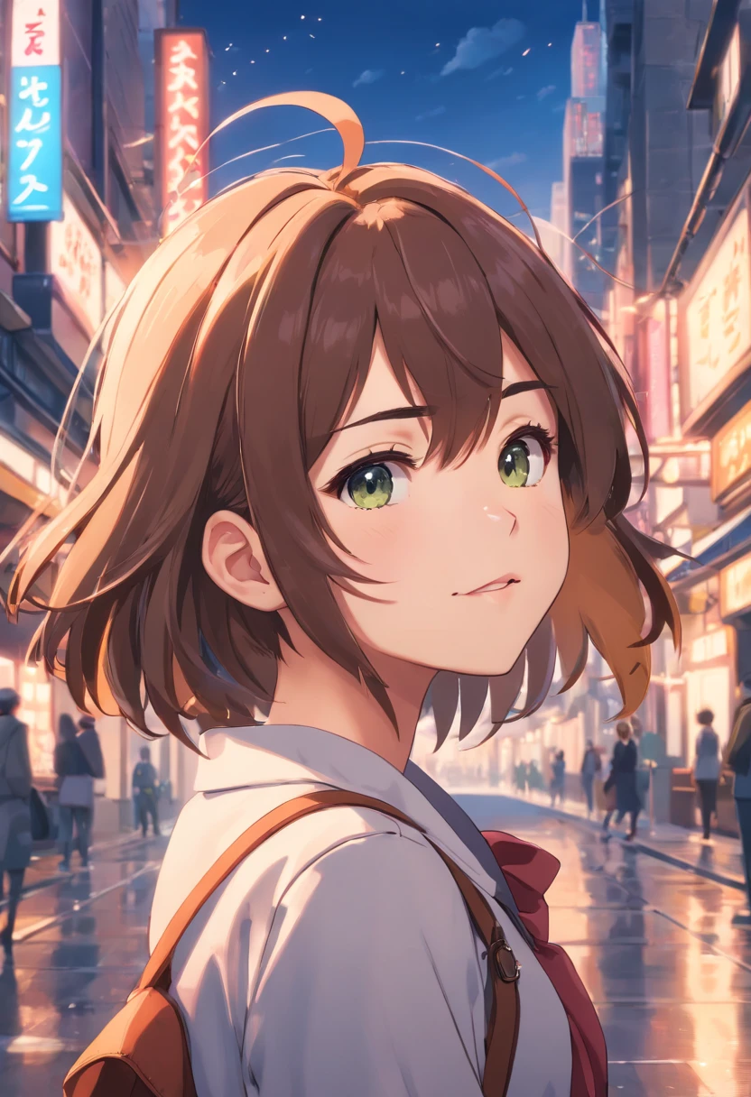 ((Bestquality, 8k, a masterpiece:1.3)), Focus:1.2, ((Cut hair in layers:1.2)) , high resolution face, young, Highly detailed facial and skin texture, kazuha from genshin impact, happy, dynamic pose, ((day, city)), perfect hands, soft smile,