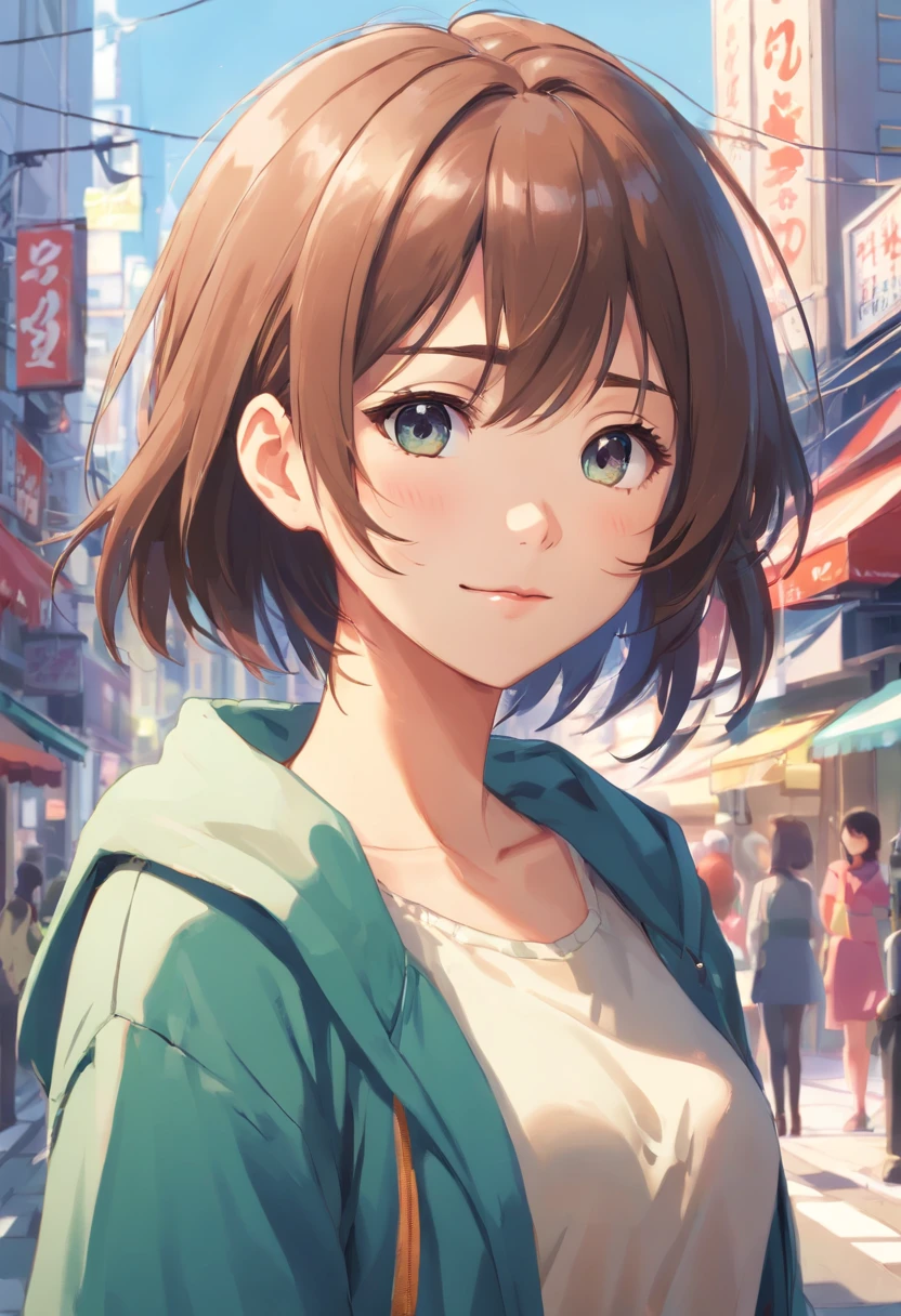((Bestquality, 8k, a masterpiece:1.3)), Focus:1.2, ((Cut hair in layers:1.2)) , high resolution face, young, Highly detailed facial and skin texture, kazuha from genshin impact, happy, dynamic pose, ((day, city)), perfect hands, soft smile,