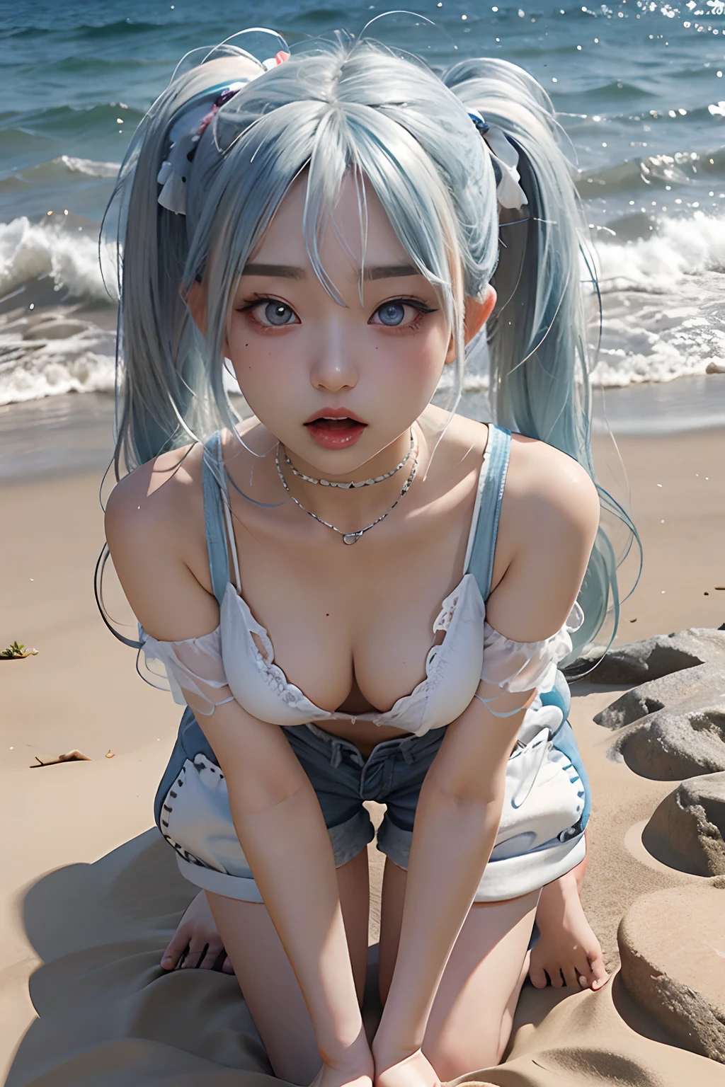 put out the tongue、Ahegao ( Silly / Sexual ecstasy)、Photorealsitic, hight resolution, 1 rapariga, white hair, Korea person, Heterochromia eyes, small moles under eyes, The shirt, Blue-haired、(Blonde mesh)、Beach、plein air、Pigtails straight hair、yes、all-fours、shortpants、hime-cut、pier、Ahegao