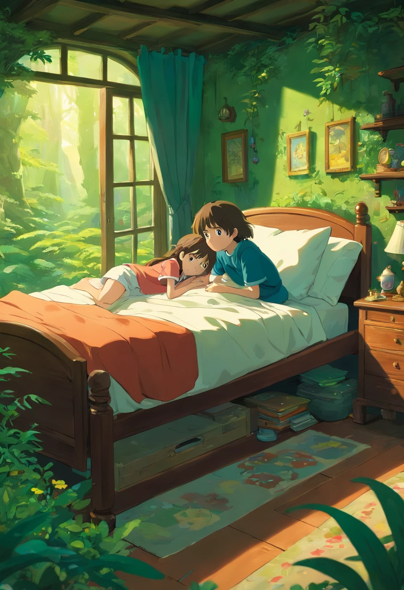 Sick girl lying in bed, Boy standing next to the bed worried, Magical forest scenery, 3d, anime, obra prima