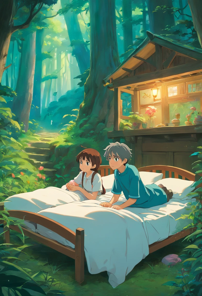 Sick girl lying in bed, Boy standing next to the bed worried, Magical forest scenery, 3d, anime, obra prima