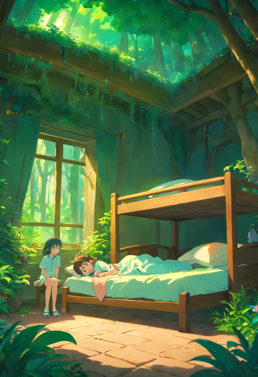 Sick girl lying in bed, Boy standing next to the bed worried, Magical forest scenery, 3d, anime, obra prima