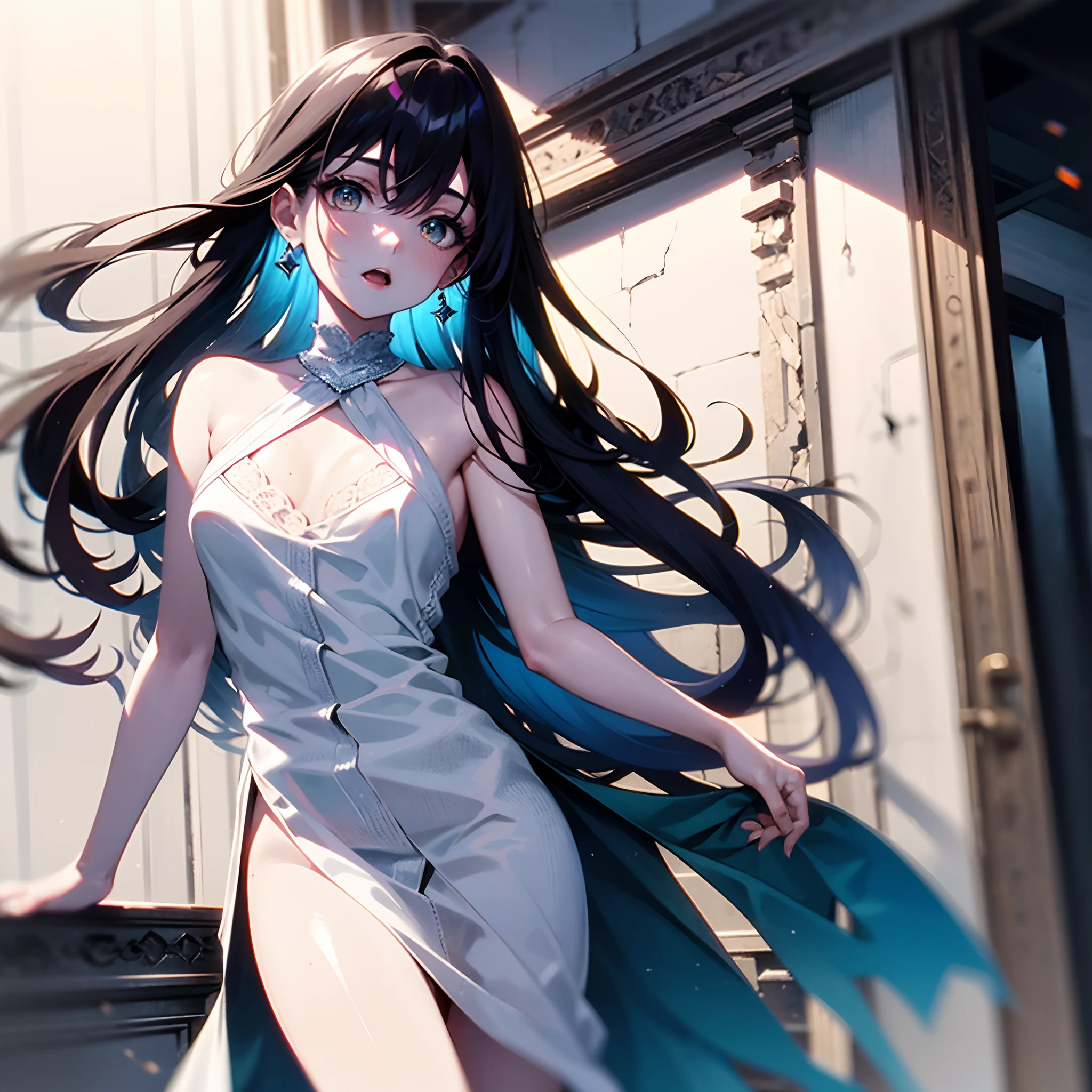 Woman, long dark blue hair gathered in a low ponytail, pale eyes, white combat dress with silver details and flowers, modernity, calm smile, full length