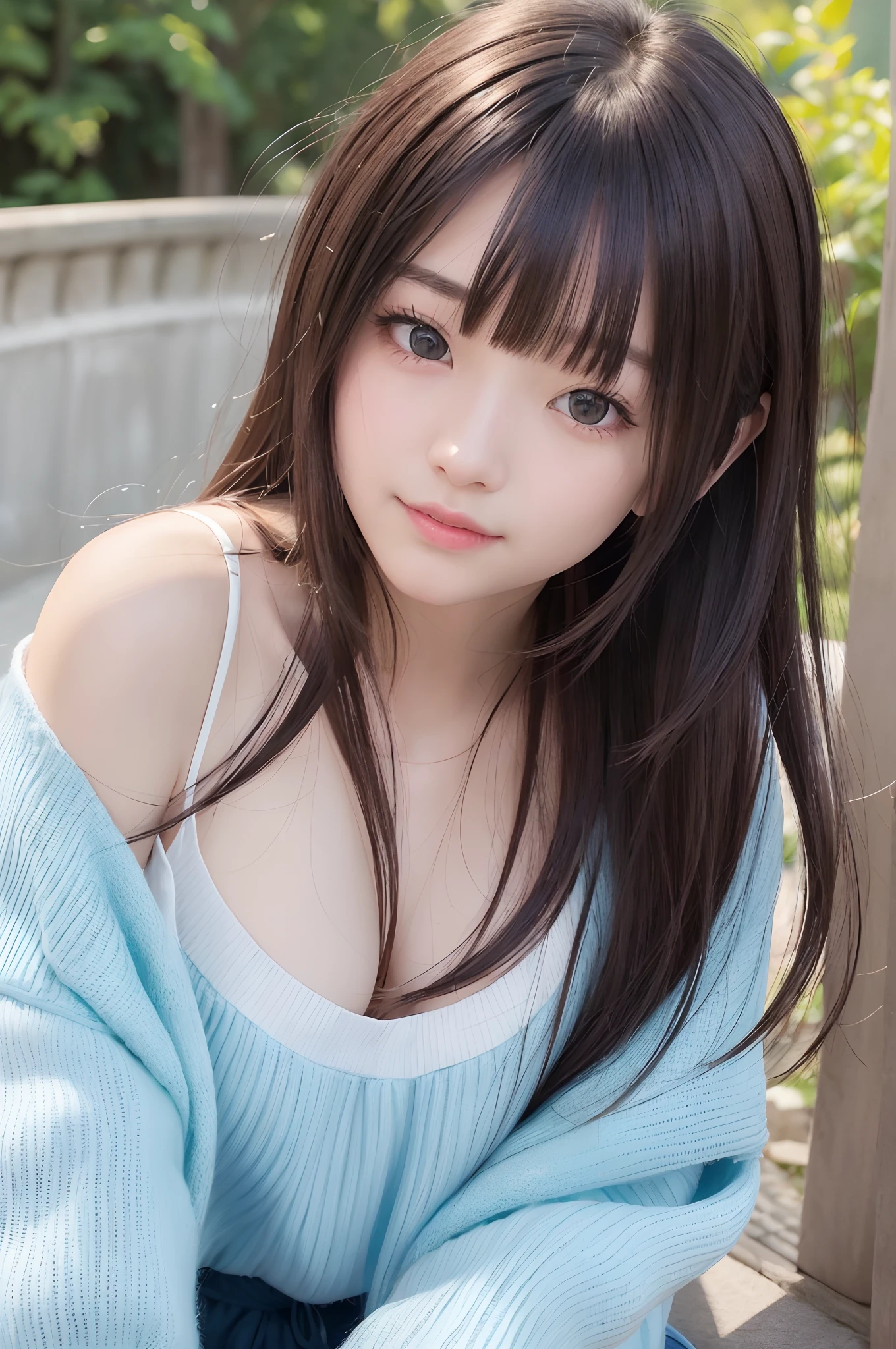 Light smile、natta、Raw photography、(((Portrait of extreme beauty)))、((glistning skin))、女の子1人、19-year-old beautiful girl in Prague、bright expression、((brown haired))、Hair swaying in the wind、[Big blue eyes that shine like jewels]、Glossy glossy skin、Silky Straight Hair、eye liner、Beautiful bangs、Hair between the eyes、((​masterpiece、top-quality、ultra-detailliert、Film Light、intricate-detail、hight resolution、ighly detailed))、细致背景、8KUHD、Digital SLR、Soft light、hightquality、Film grain、FujifilmXT3 、Shallow depth of field、natural soft light、Kamimei、Smile、Lush bust