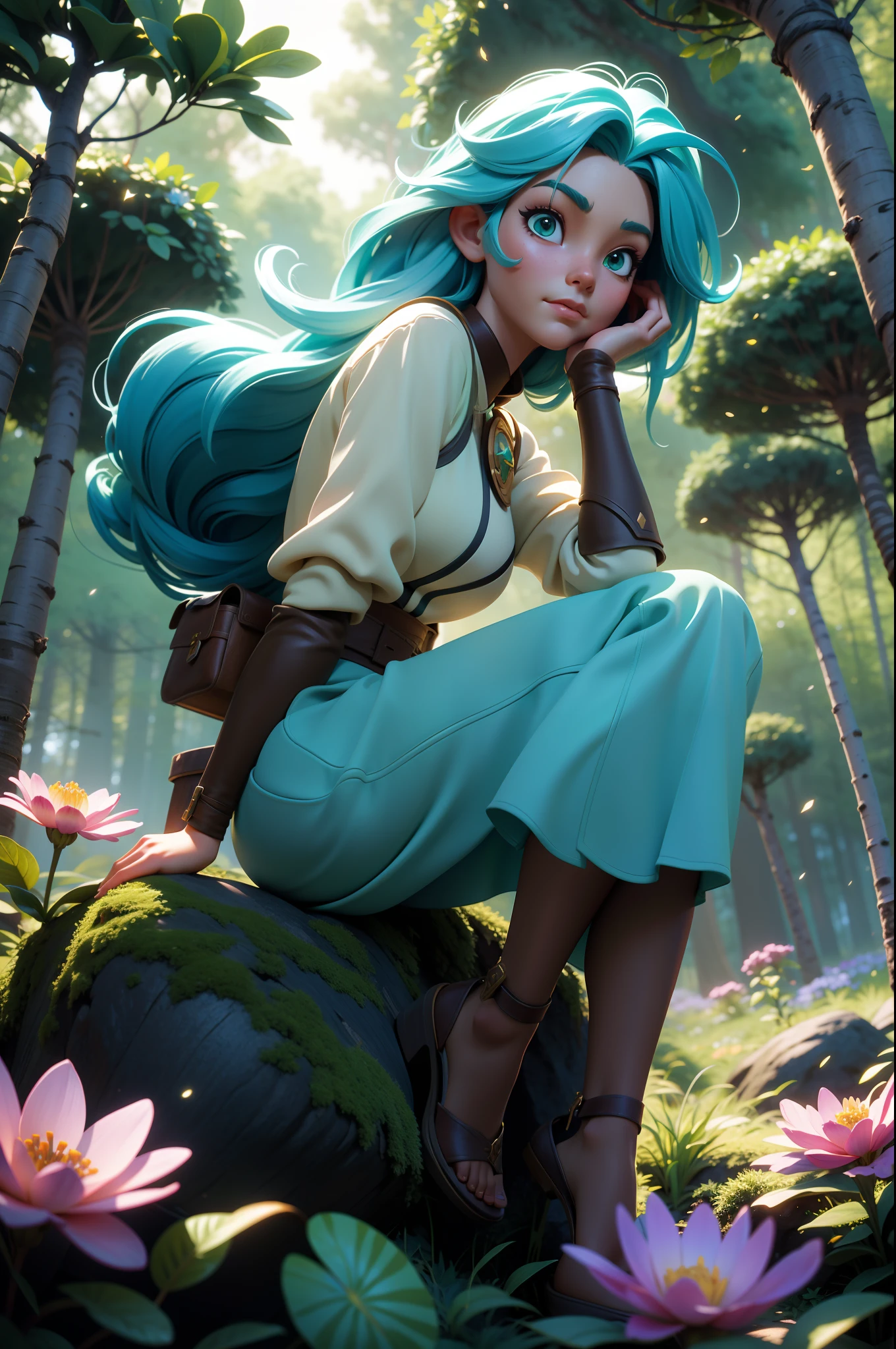 masterpiece, 1beautiful girl, with long hair and guild adventurer clothes, she is in a beautiful ([woodland setting]), {([she is in interaction with the elements of the setting])|+([3D space composition ]):1.2}!  {The setting is: (fareground/ bright leaves+blur, beautiful colorful flowers, fireflies)!  (midground/bright bushes, grasses, flowers, glowing trees, squirrels_on_the_ground, +a 1beautiful girl, with long hair and guild adventurer clothes)!  (background/ froresta_verde_escura)}!  ([camera with dynamic angles/+naturalness]:1.2), maximum detail, ultra quality, maximum resolution, 16k, anime style, ([work with 3D perspective]):1.3, (creative/+dynamic/+naturalness):1.2, [camera with dynamic capture angles/+genius work of art]:1.2! [ethereal atmosphere]:1.1 [fantasy, tale] [book story style] [soft lighting] [whimsical feel]:0:8 [+cinematic shot]:1.2 [+artstation] [+ luminescent blue blue green yellow] [+soft lighting] [soft glow] [+particles] [creative and dynamic angles]:1.3, [+mineral toning] [+octane rendering] [+professional post production ] [+rendering octane] [+tones and lighting and contrast/+ghibli style/+studio style], (camera view from knee up)