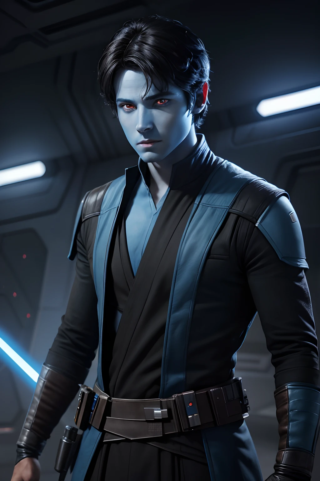""Star Wars"". Handsome young scientist from the Chiss race. blue skin. Red eyeballs without pupils. black short hair