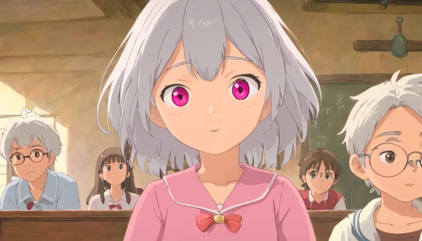 in a school,Silver hair girl(Pink eyes)Being teased by boys
