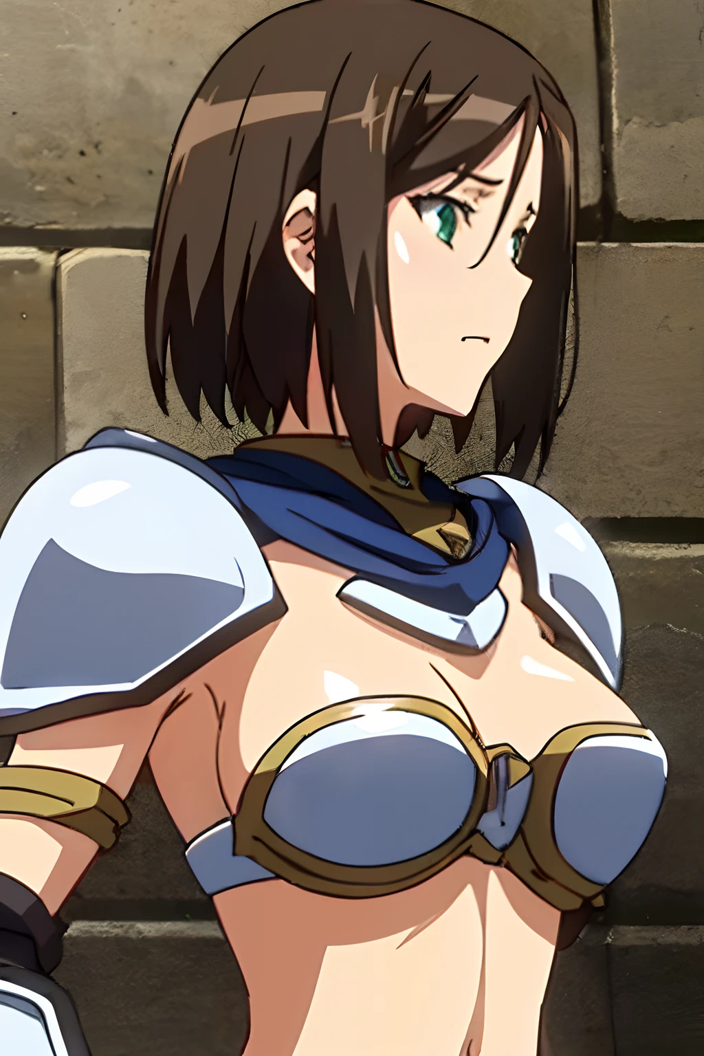 1girl in, Remi, ((dtone-wall room1.4)), ((Bikini armor that shows a lot of skin)), short hair, brown hair, green eyes, Solo, ((Solo Focus, female focus, Face Focus, view from front)), Upper body,
