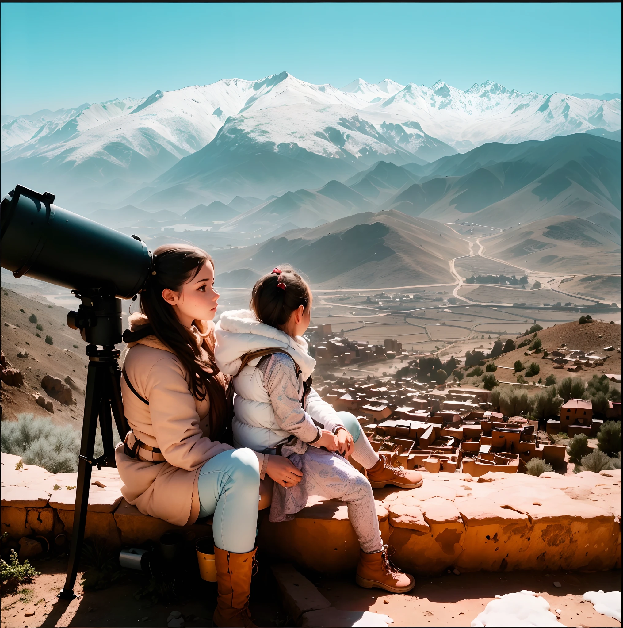 A girl sitting with her young daughter next to a telescope on the top of a mountain, looking down at a beautiful Moroccan village with an authentic Moroccan character, mountains with snow, and a river passing by the village.Snow and moon