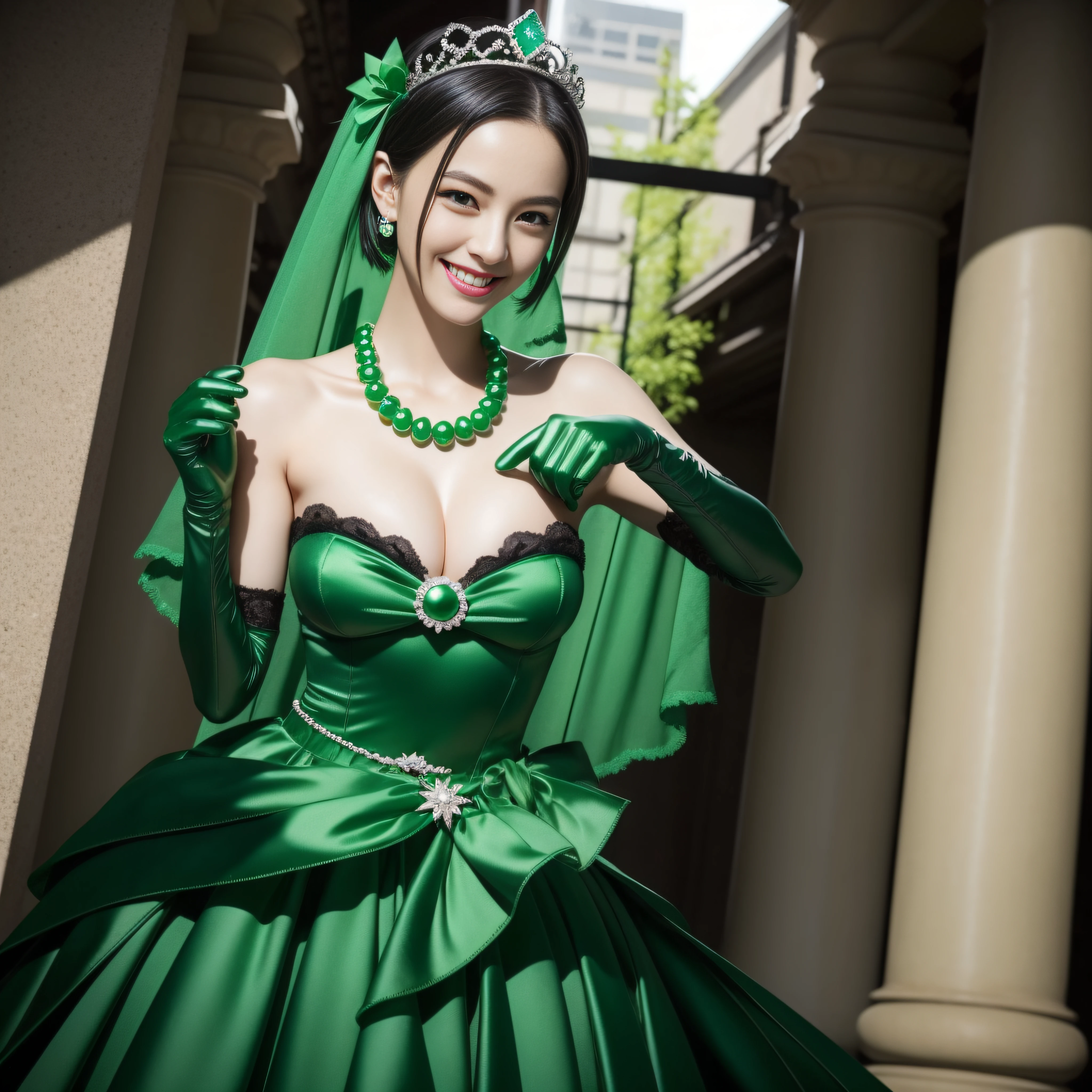 emerald tiara, Green Pearl Necklace, Boyish very short black hair, lipsticks, Japan woman smiling, very short short hair, fist, big breasts beautiful, Green eyes, Long green gloves made of satin material