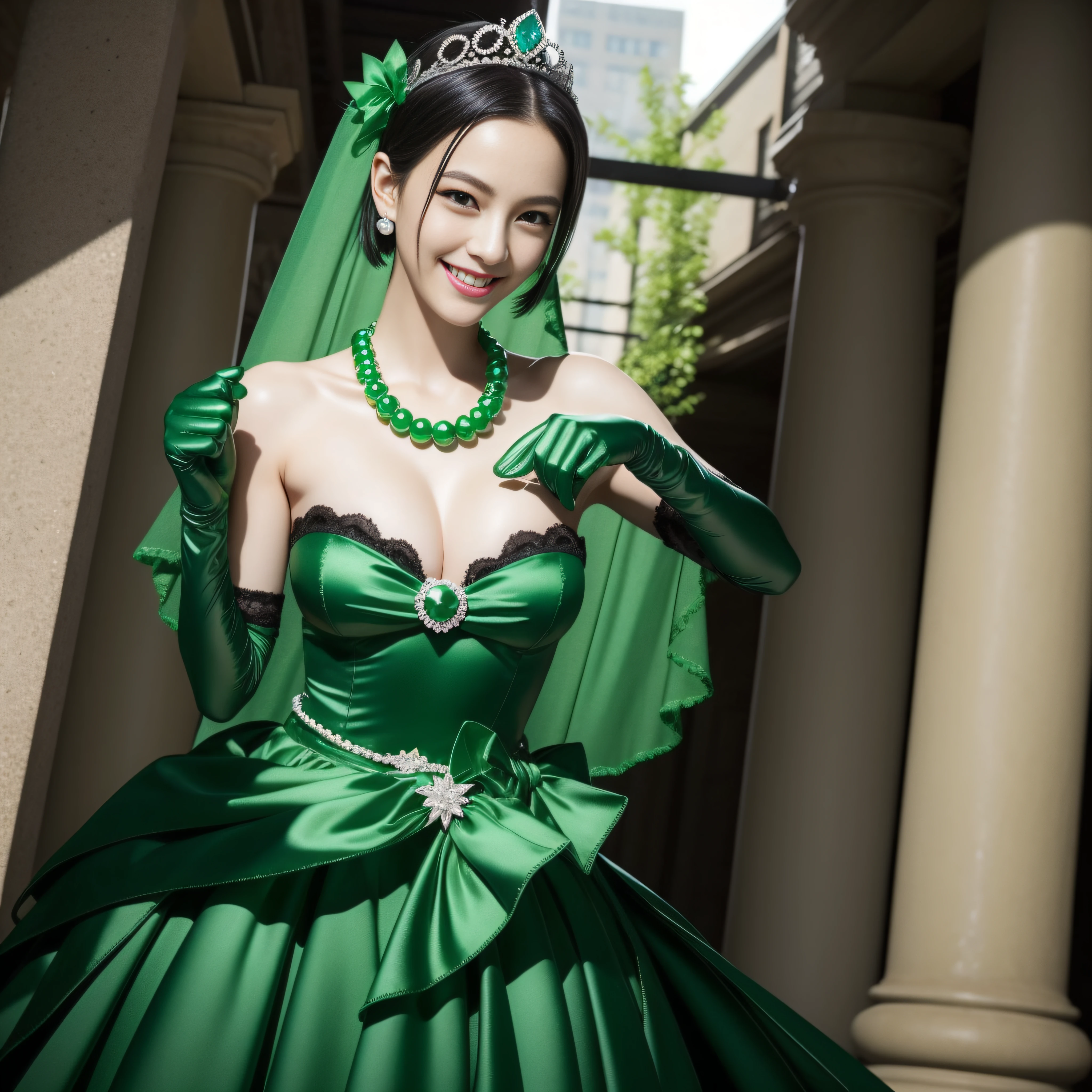 emerald tiara, Green Pearl Necklace, Boyish very short black hair, lipsticks, Japan woman smiling, very short short hair, fist, big breasts beautiful, Green eyes, Long green gloves made of satin material