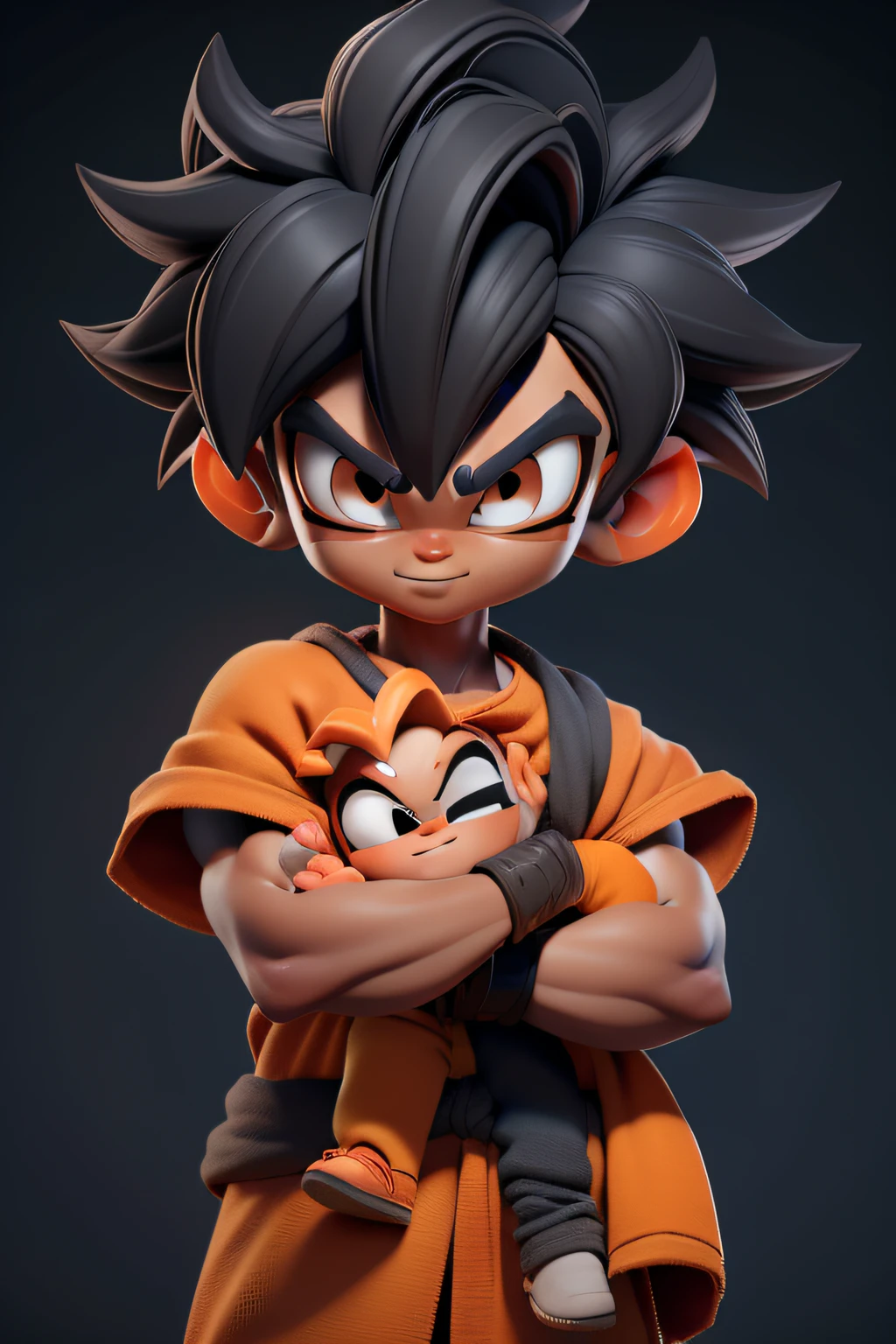 letra, 3D face pattern, kid goku original  feliz  e bruto , Com cabelos do goku  ,roupa laranja ,(olhos negros) ,,, cabelos pretos