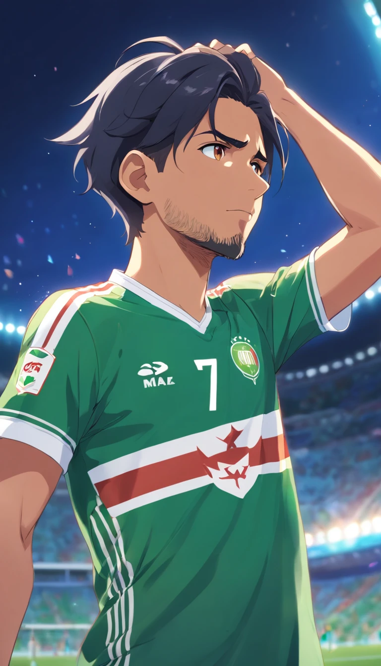 riyad mahrez with the Algerian national team jersey in anime style , Standard scenario , olhar fixo , (( imagem sem deformidades )) , best resolution , melhor qualidade , obra prima